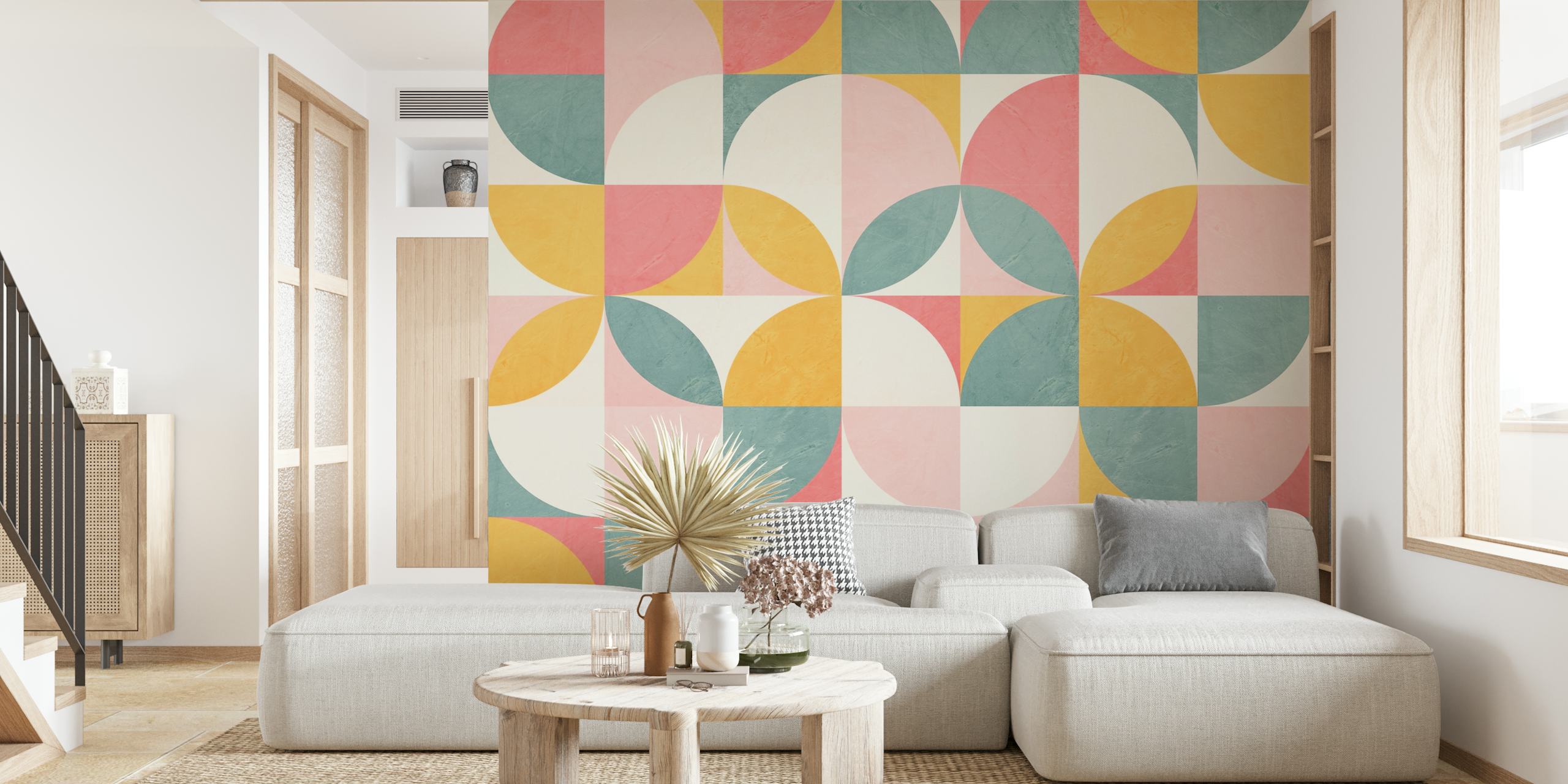 Colorful geometric shapes in pink, teal, and yellow wallpaper