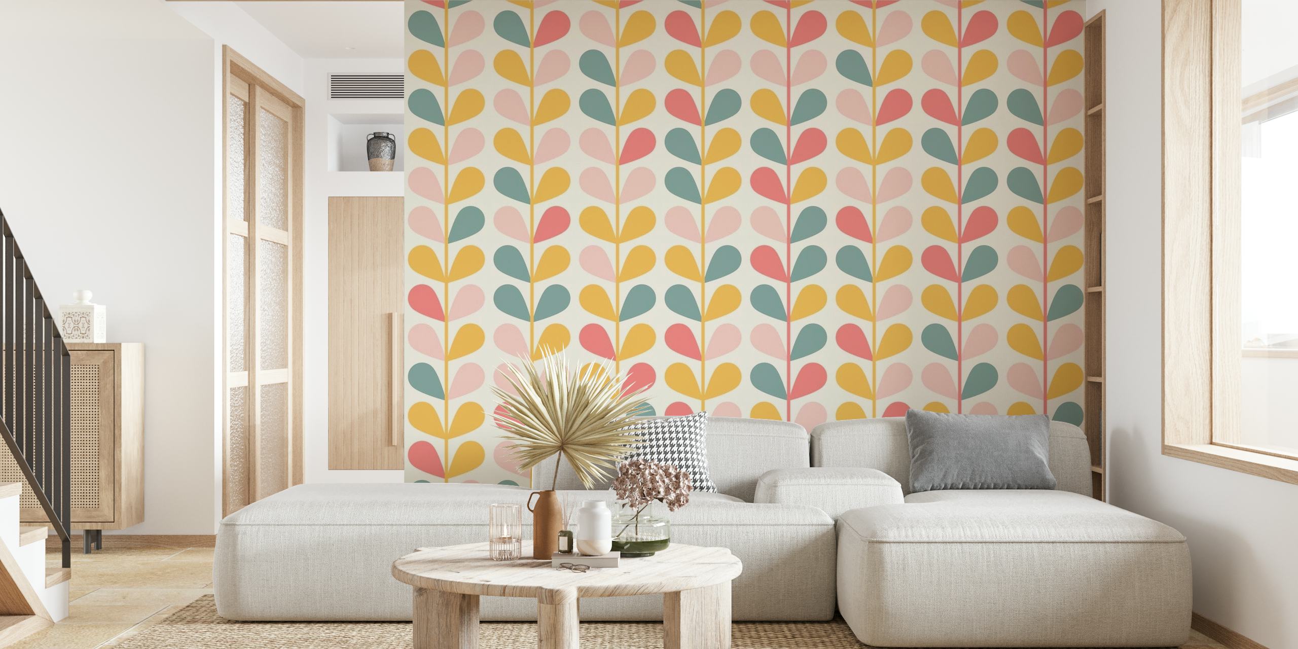 Vibrant mid-century leaf pattern wall mural with pink, green, yellow, and orange hues