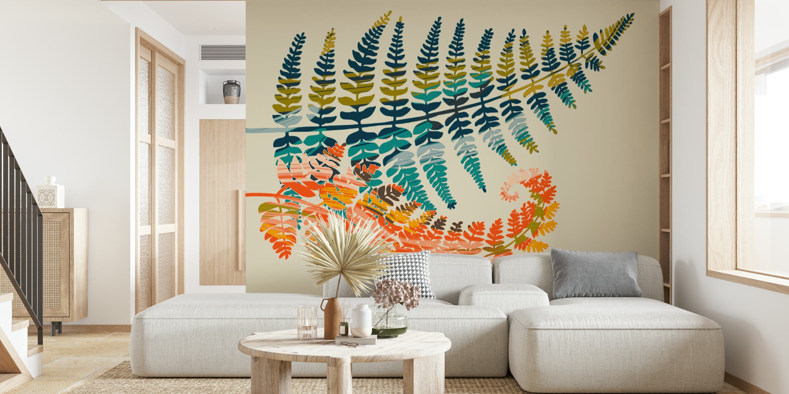 Colorful fern leaves wallpaper in a room