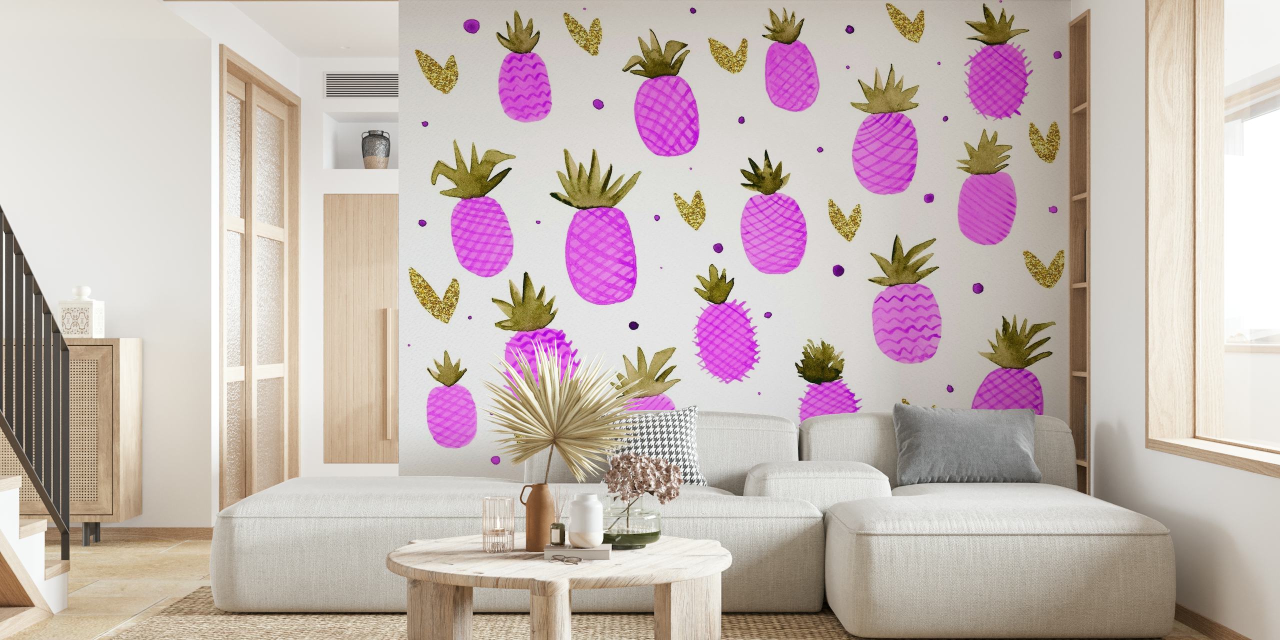 Watercolor magenta pineapples behang