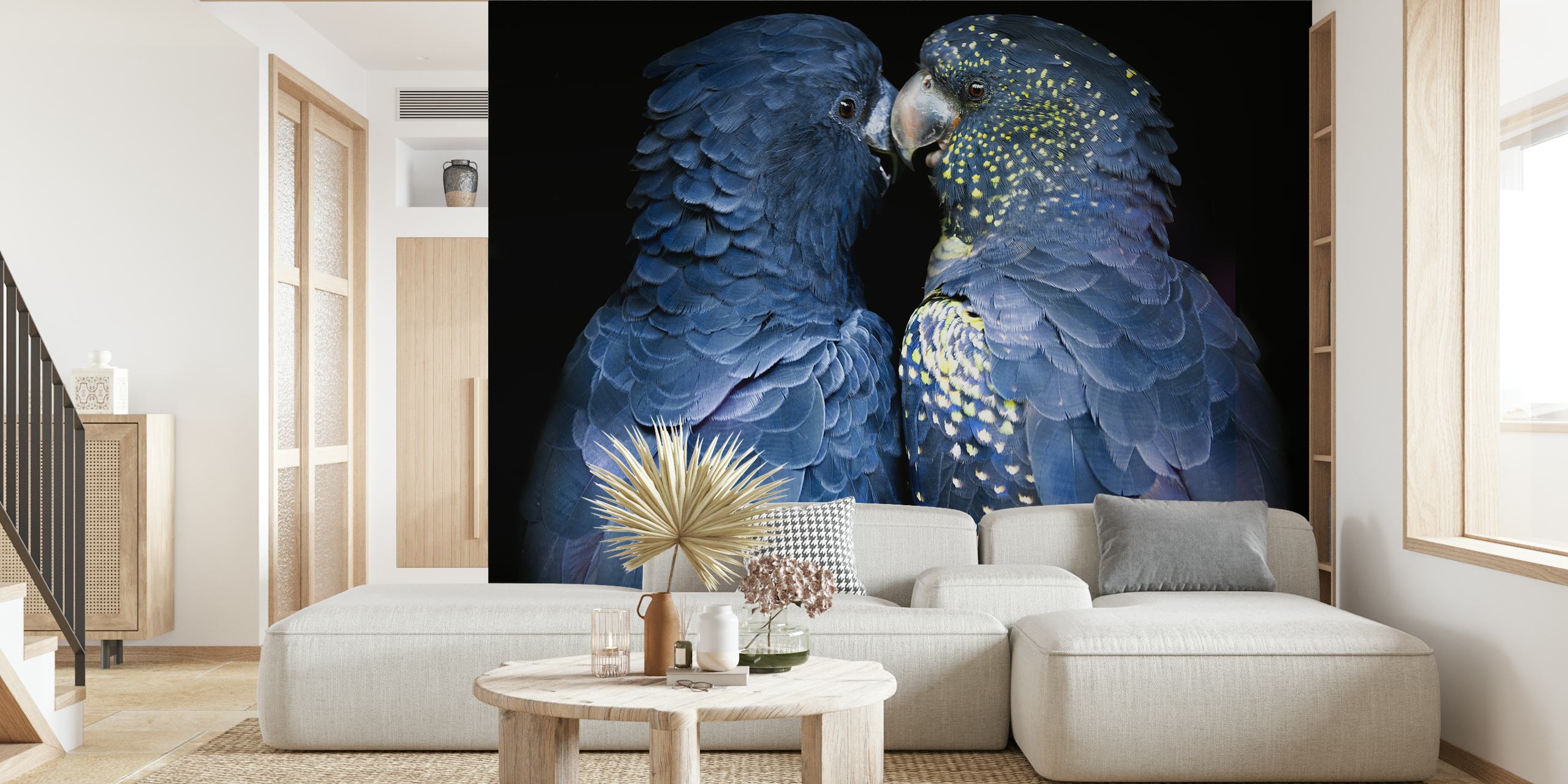 Two navy blue love birds close together with intricate feather detail wallpaper