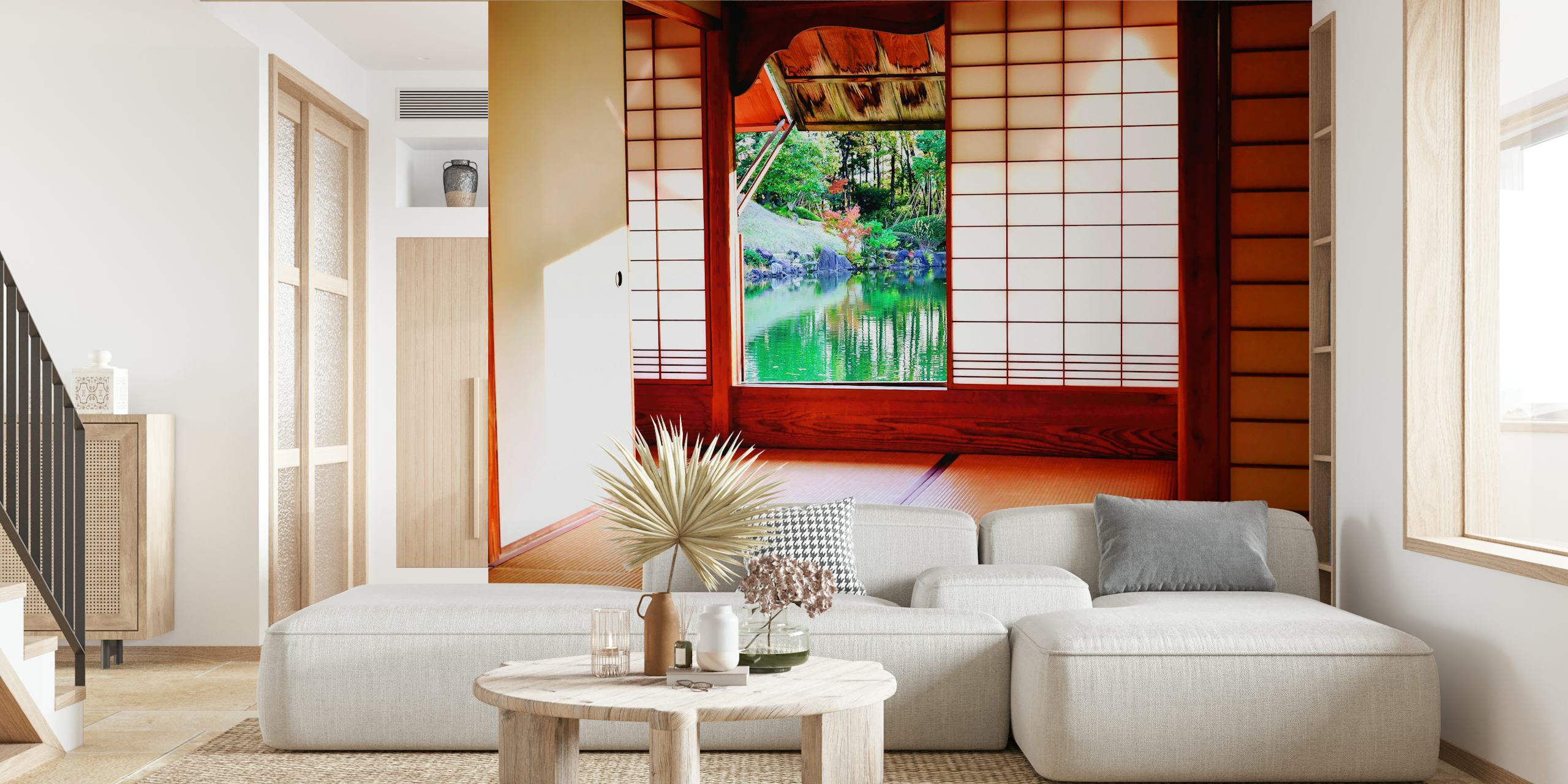 Porte shoji japonaise traditionnelle ouvrant sur un jardin zen papier peint mural