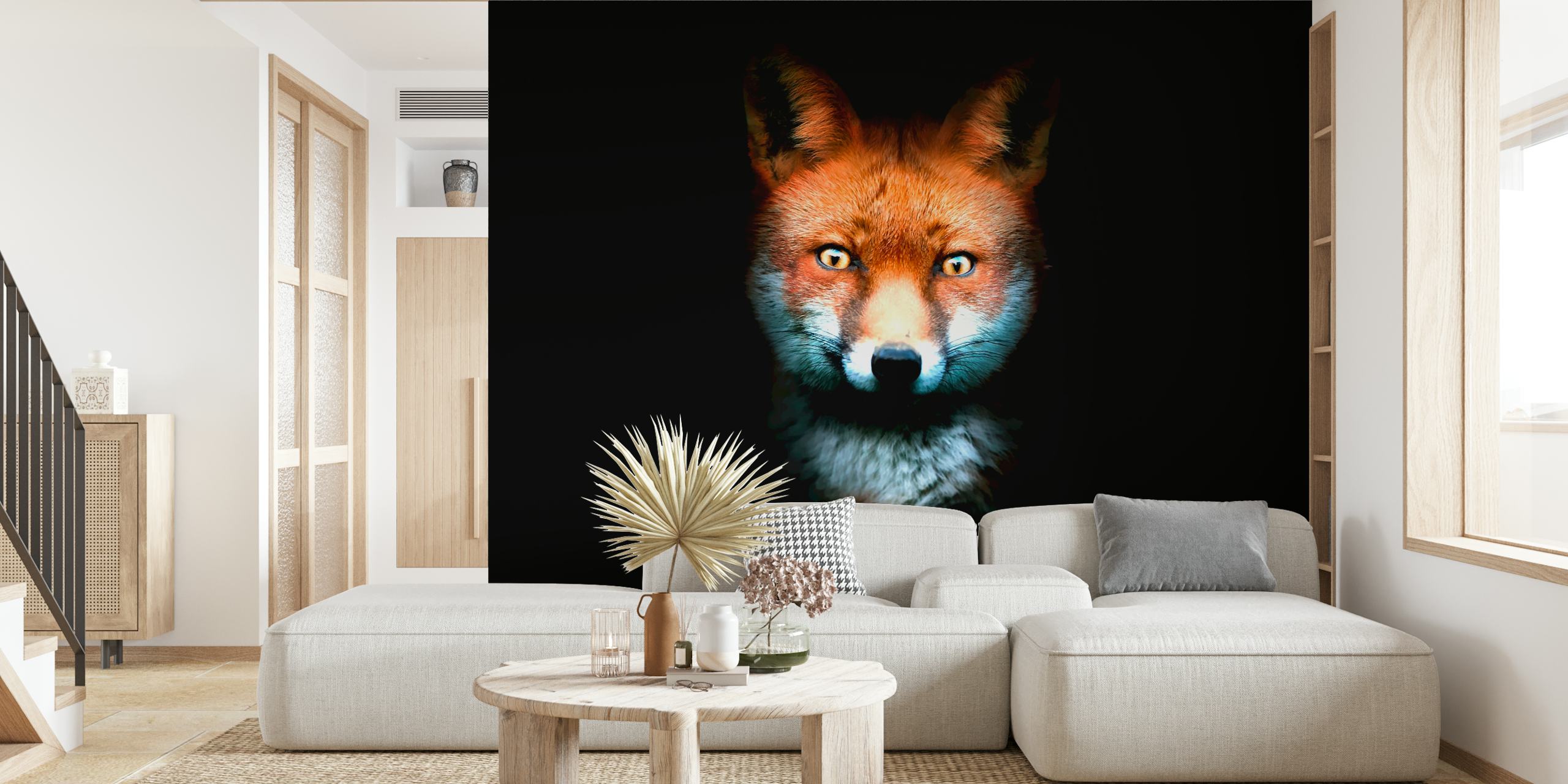 Intense fox gaze wall mural on black background