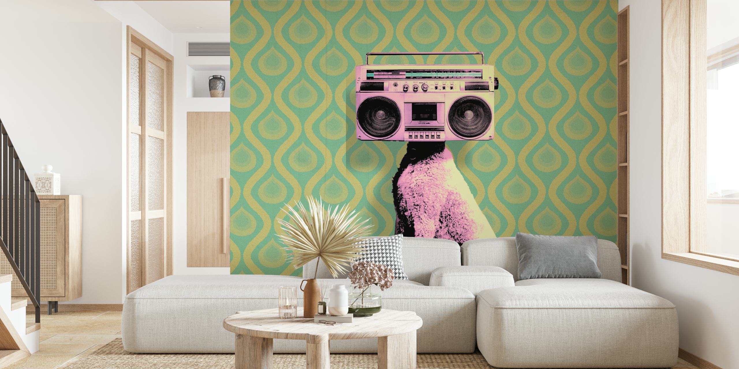 Retro dog with a boombox on a green chevron wallpaper