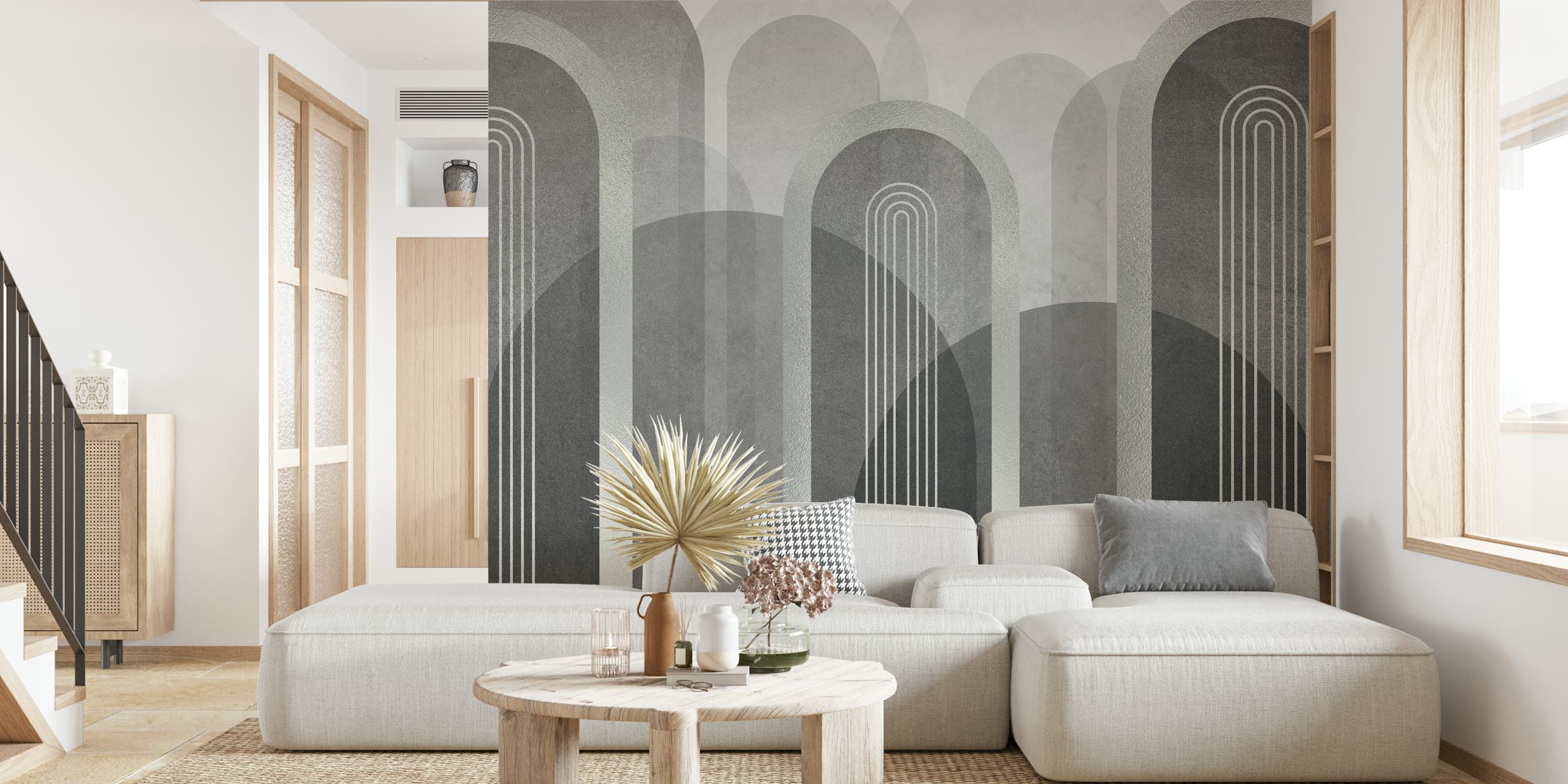 Mid-century arches grey and silver wallpaper design