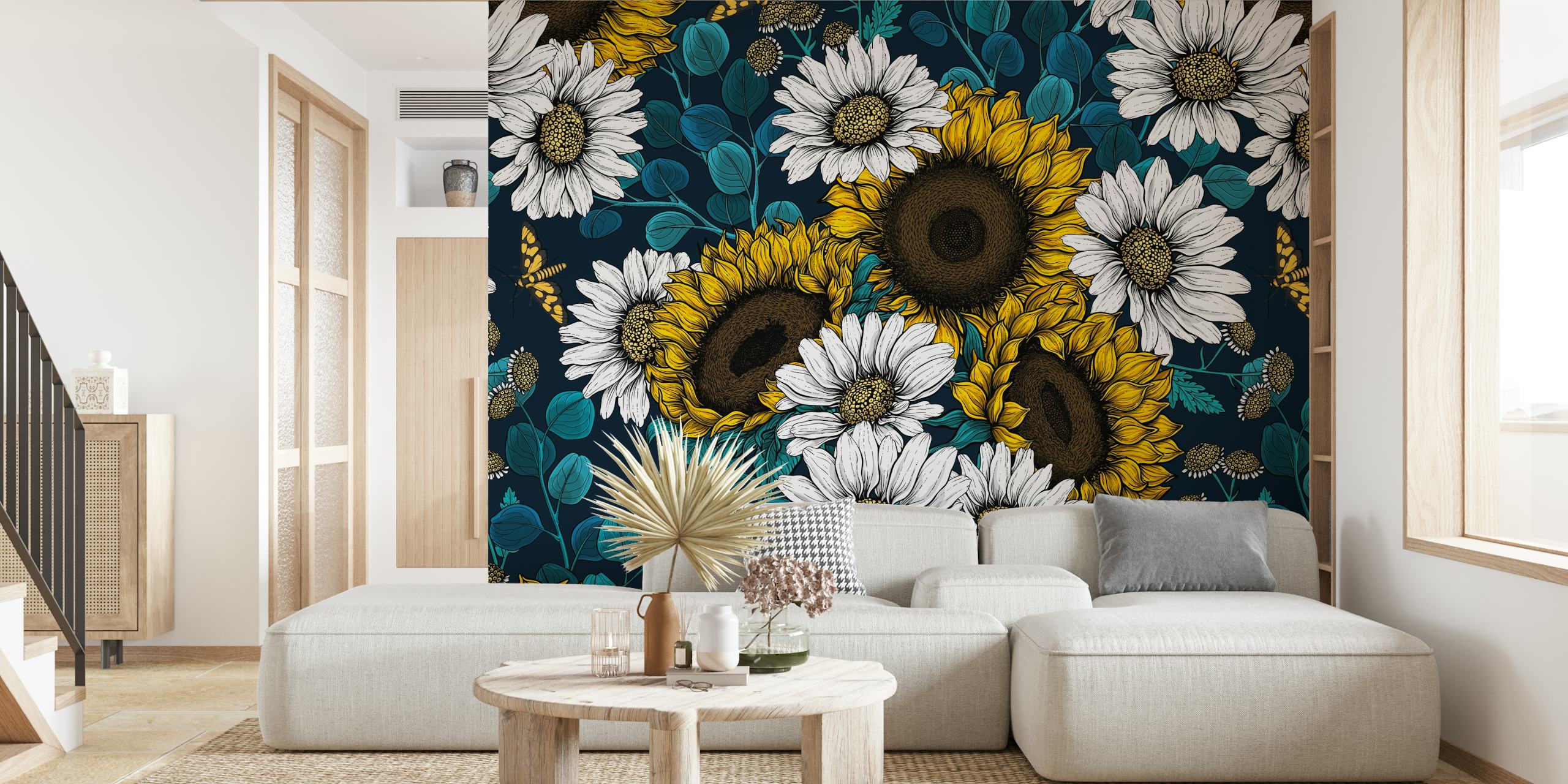 Vibrante murale con girasoli e margherite su uno sfondo blu intenso