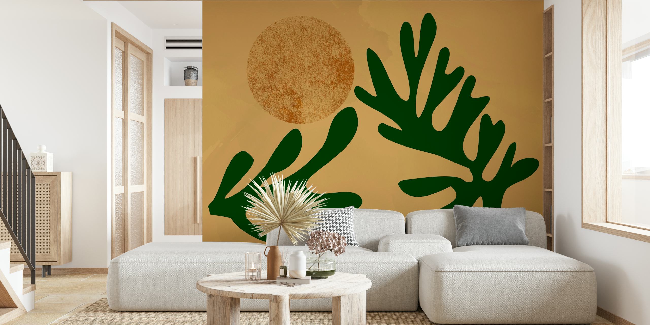 Matisse Inspired Leaf on Gold wallpaper in a room