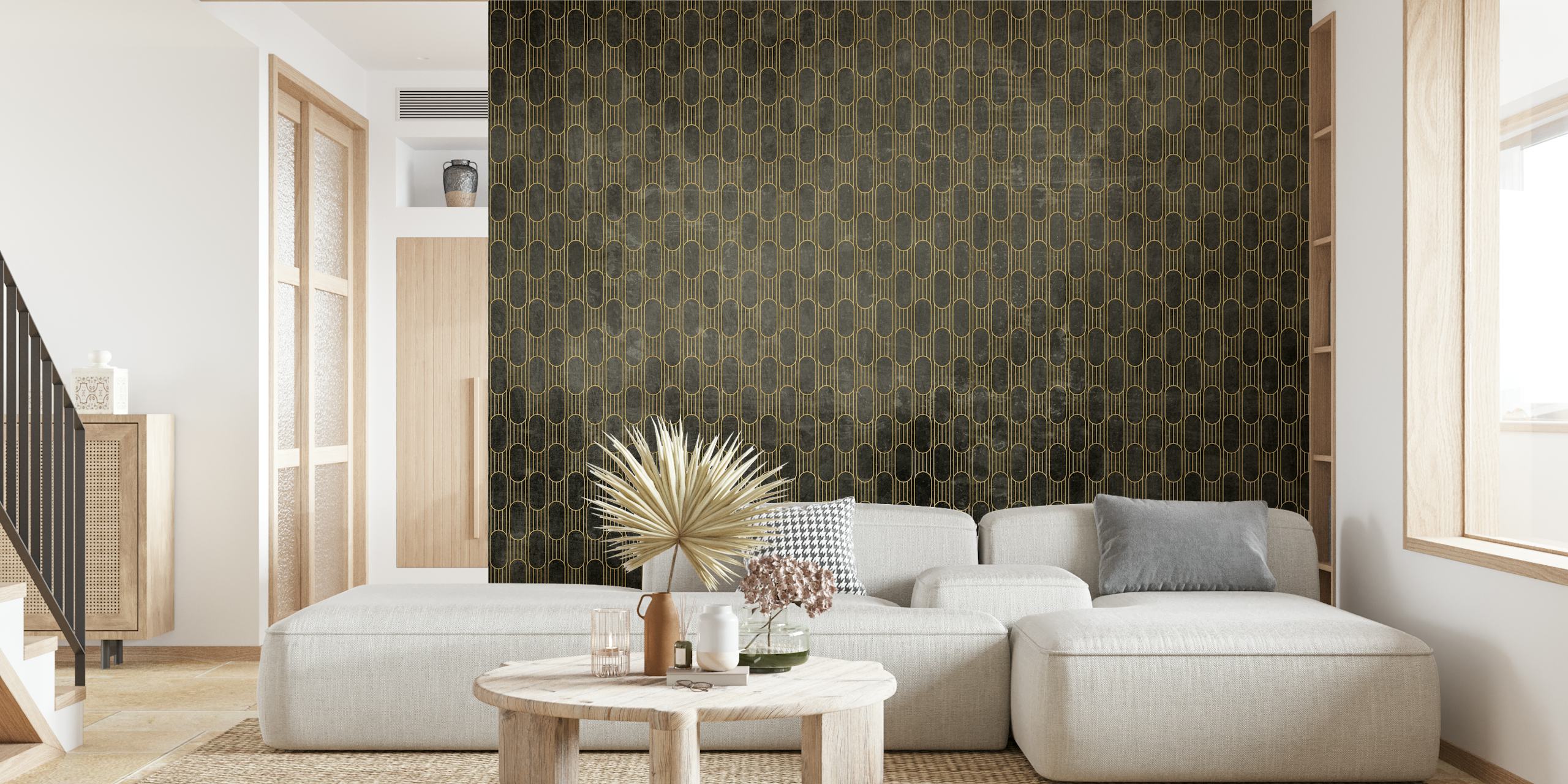 Art Deco-veggmaleri med geometrisk mønster med gullaksenter på bakgrunn av steintekstur