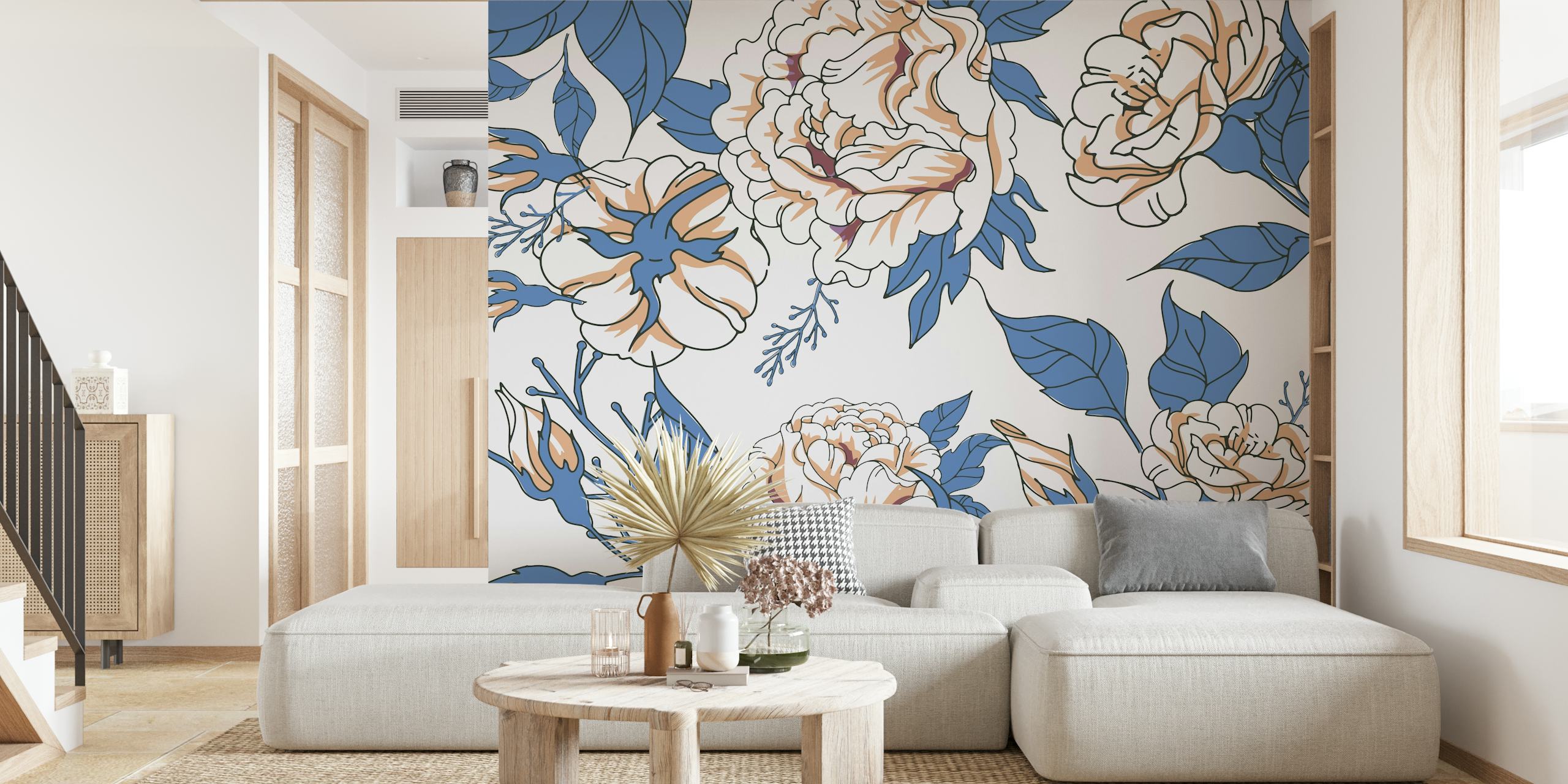 Elegant hvidt og blåt stort blomstret vægmaleridesign