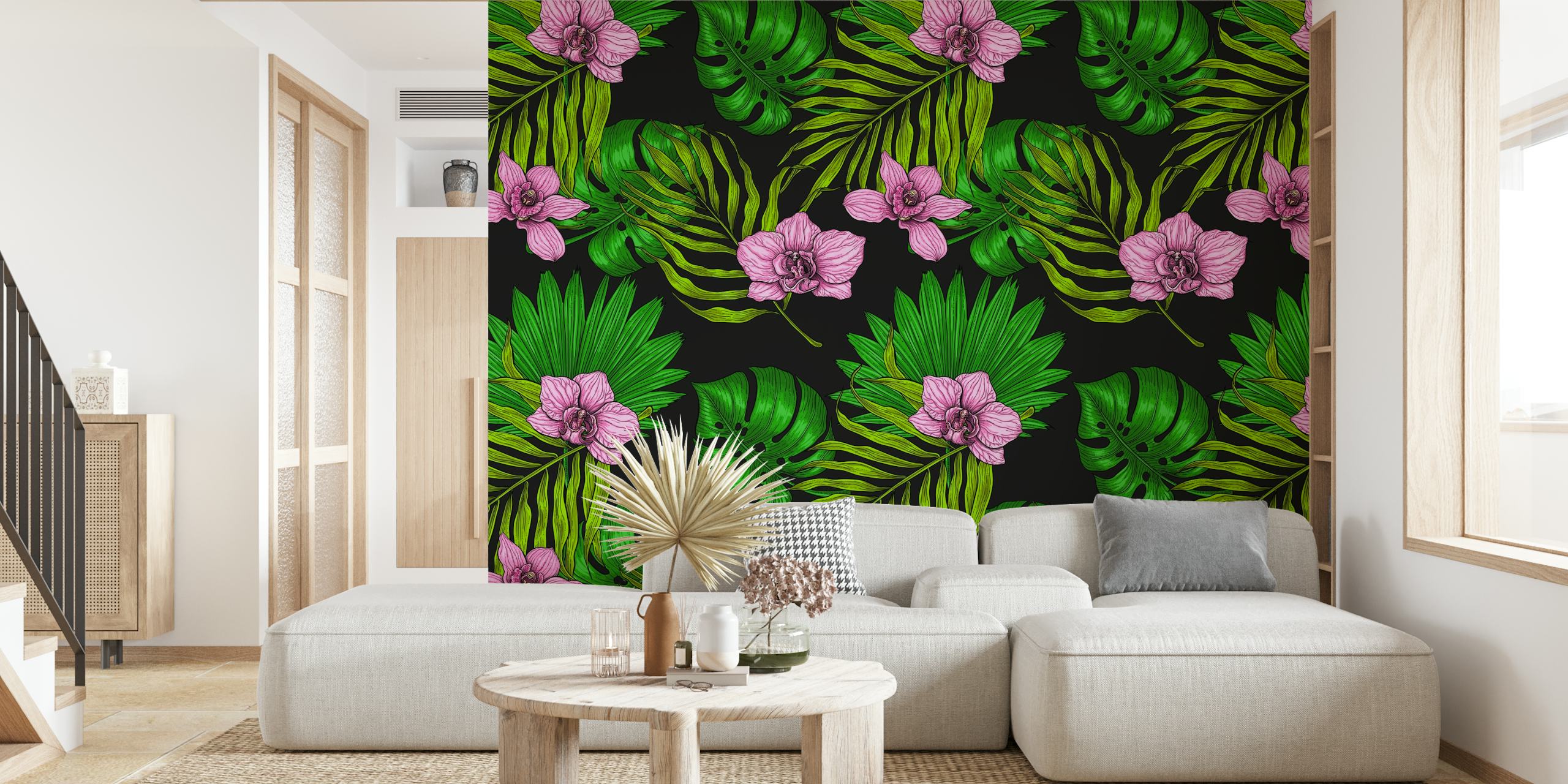 Τροπικό μοτίβο από orchids και palm leaves σε μαύρο φόντο