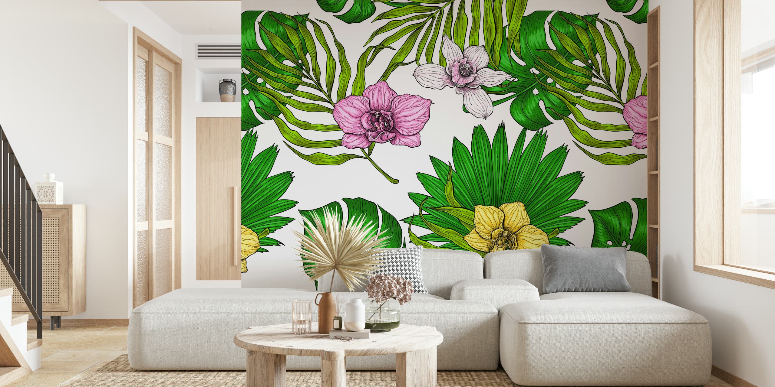 Orchids and Palm Leaves τοιχογραφία με ροζ λουλούδια και πράσινο φύλλωμα