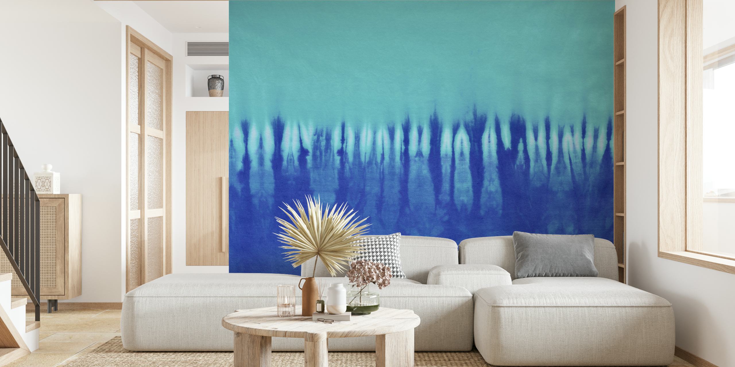 Blue tie dye wallpaper in a room