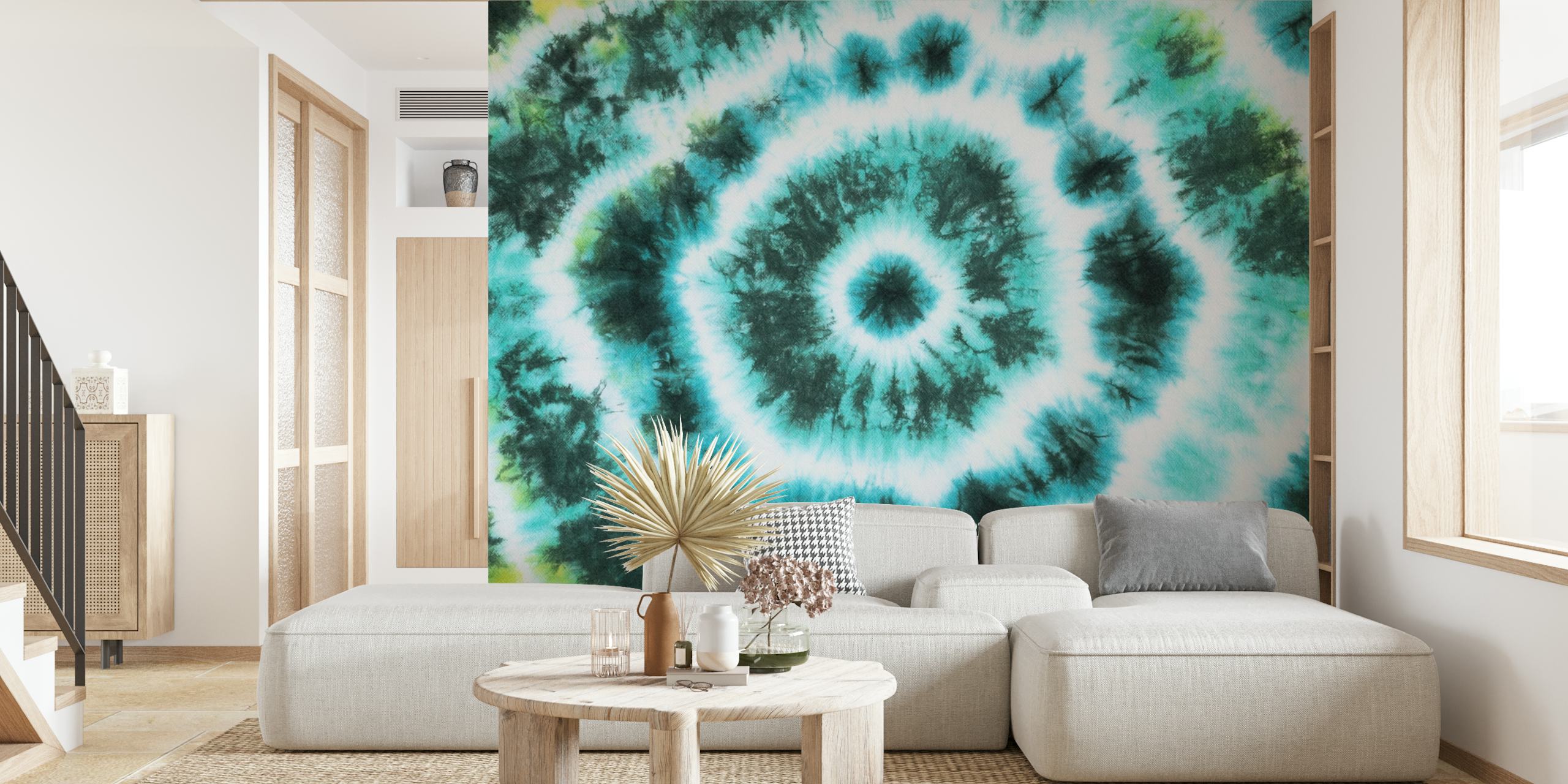 Green tie dye wallpaper design in a room