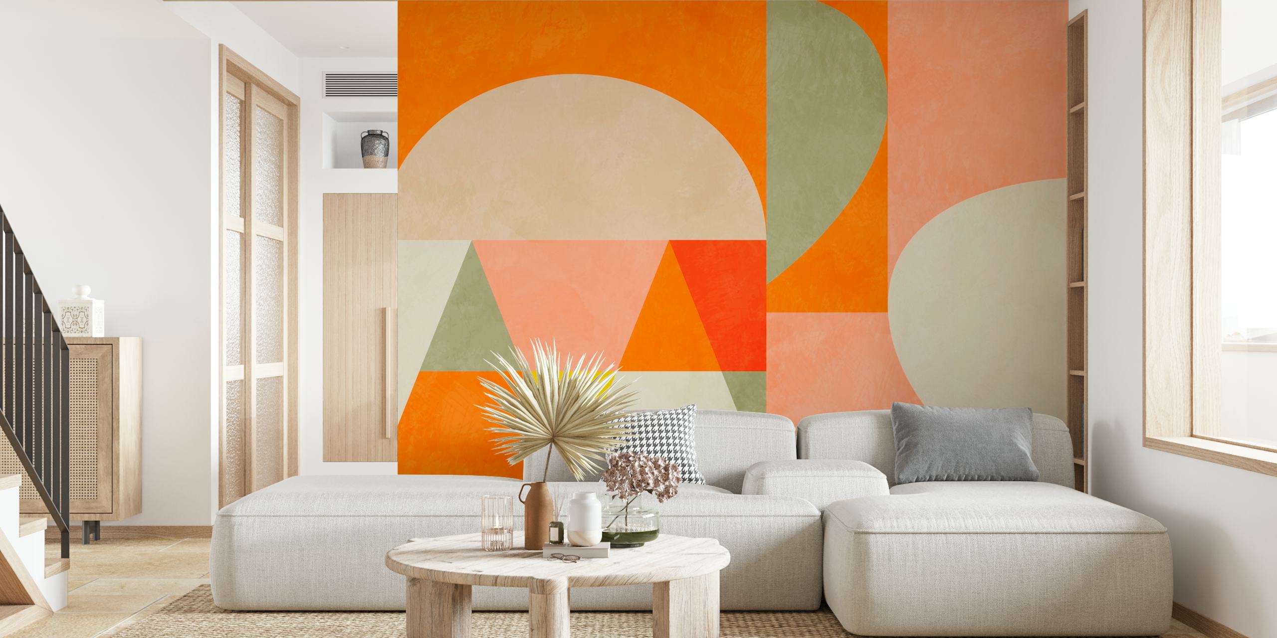 Geometric patterns in warm colors orange, pink, green, and yellow wallpaper