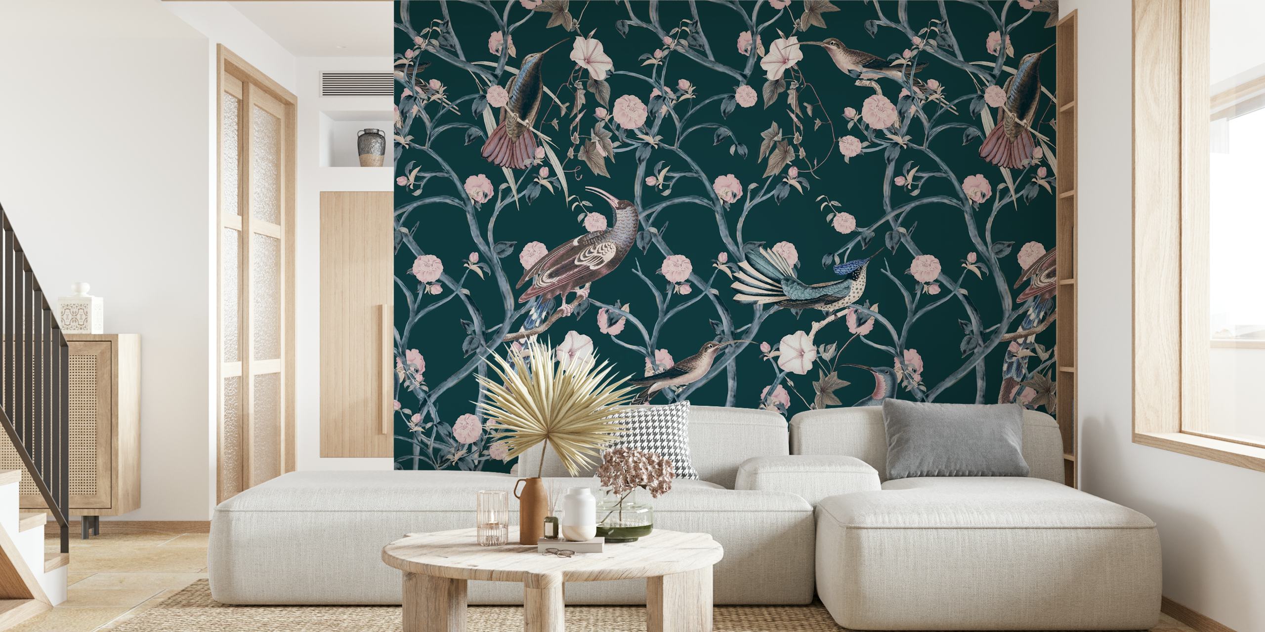 Chinoiserie bird and floral wallpaper in dark green tones