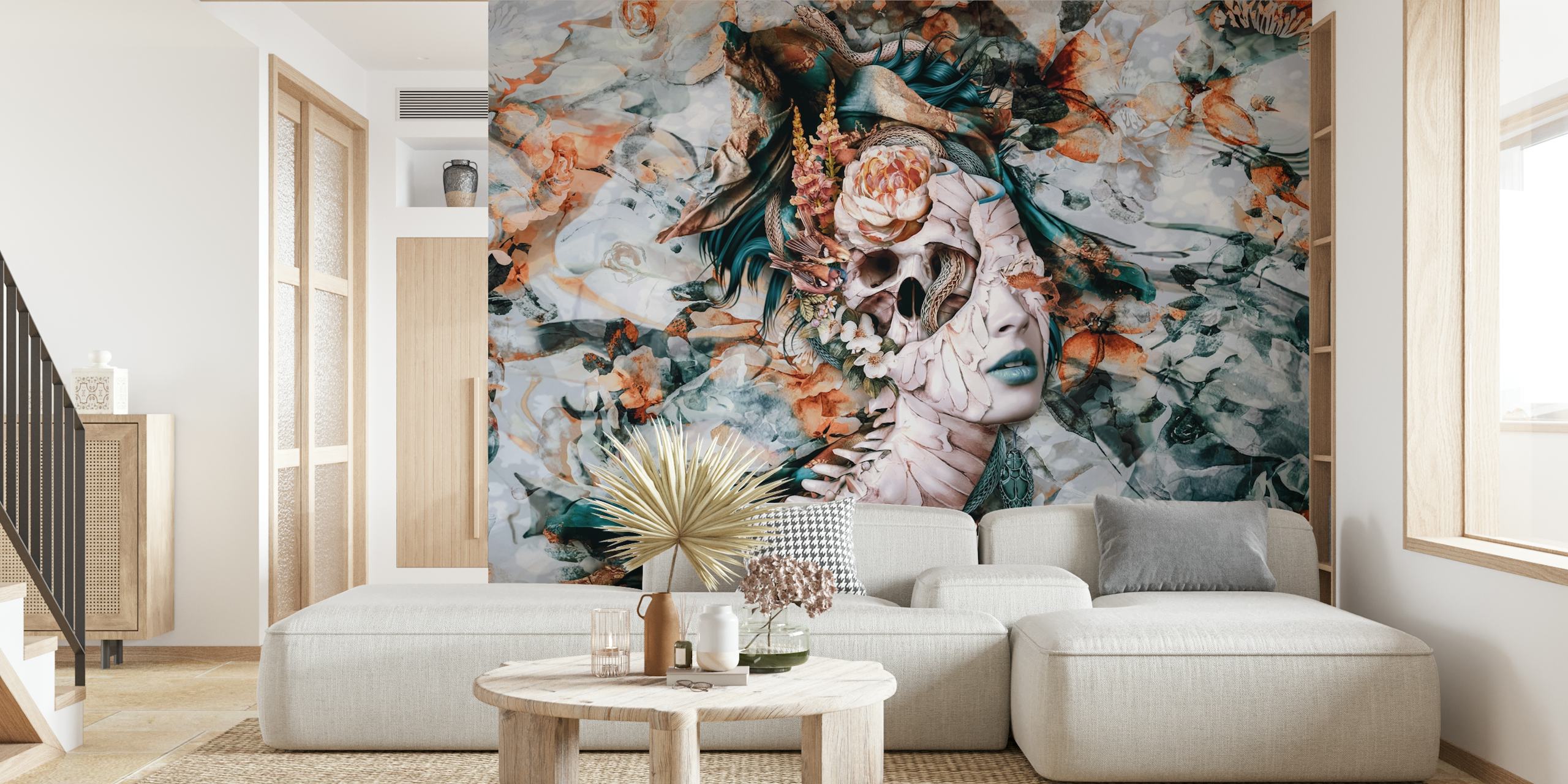 Floral pattern with skull and vibrant colors on wallpaper