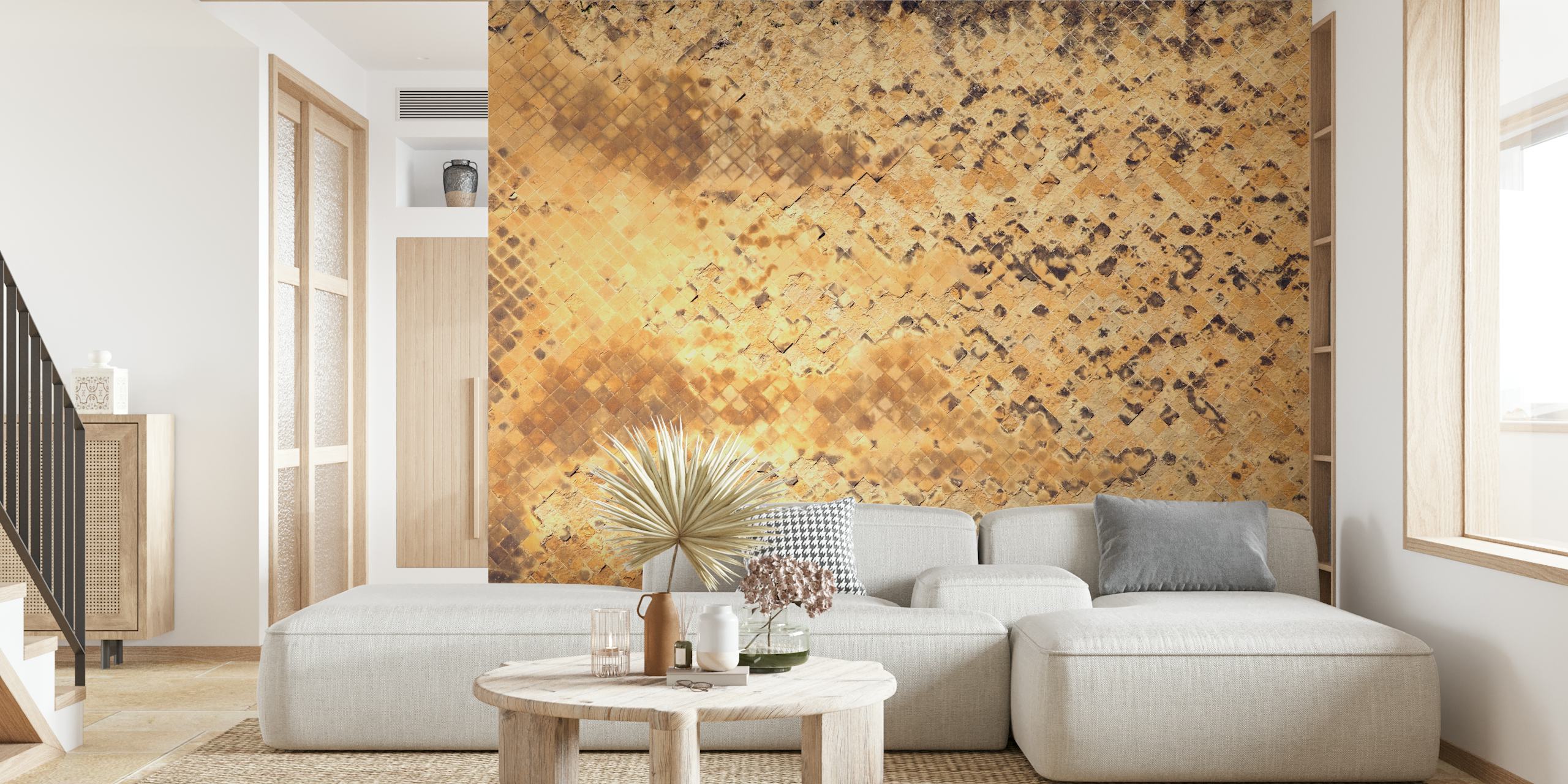Textured mosaic pattern in beige and gold tones wallpaper
