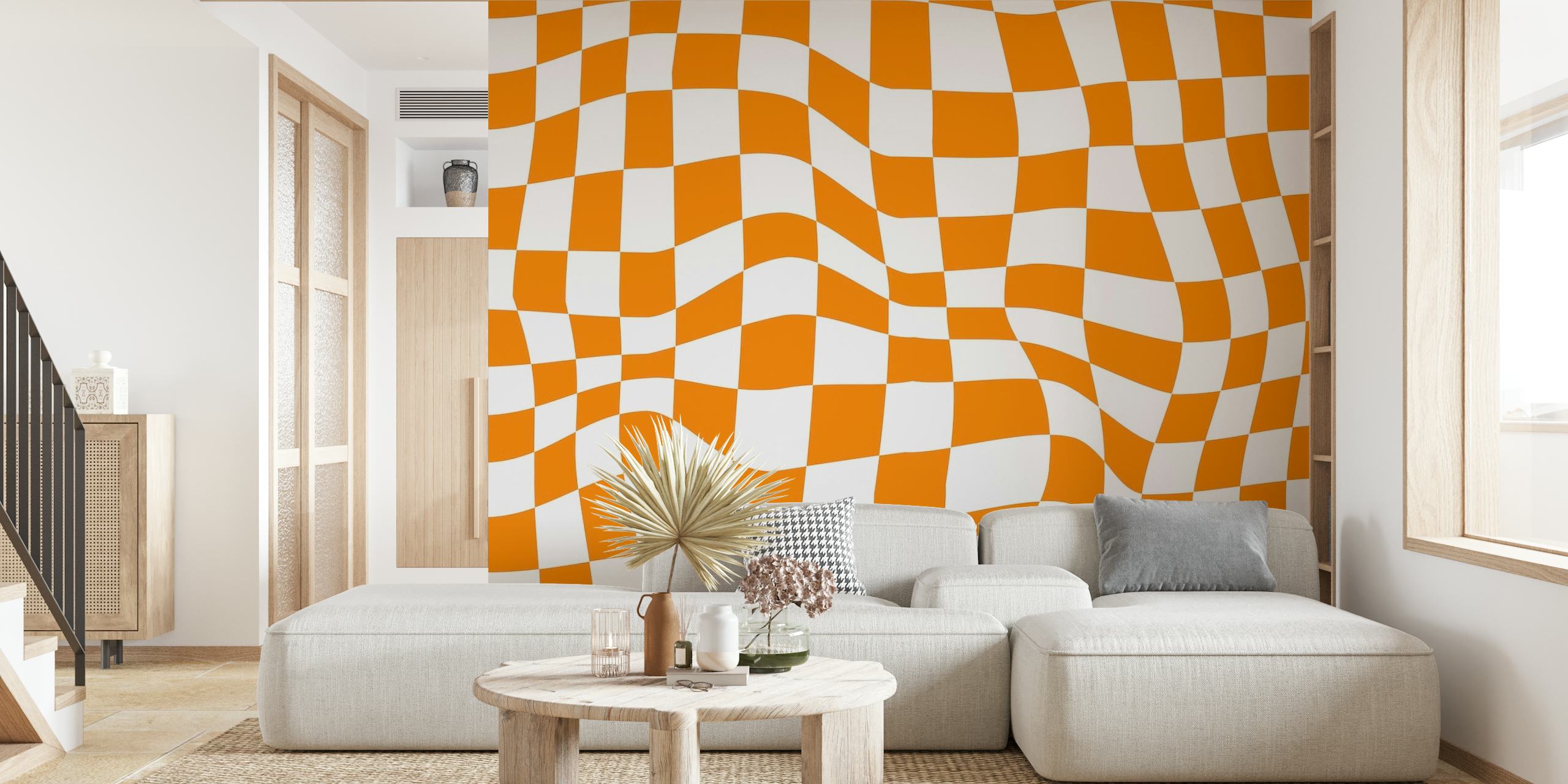 Vivid groovy orange and checkered retro wallpaper