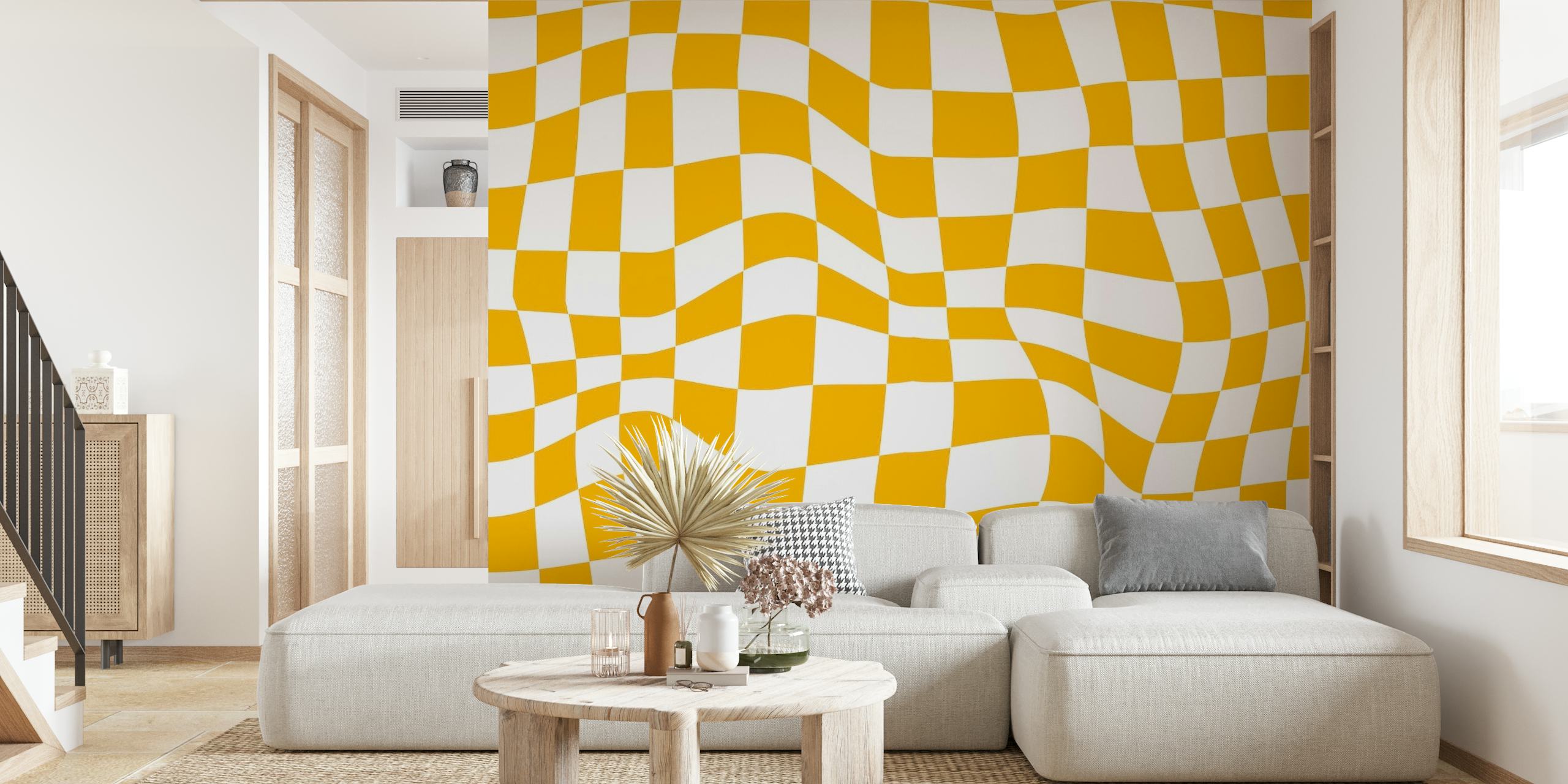Mural de pared con estampado de cuadros retro en amarillo y blanco que evoca vibraciones de estilo de los años 60 y 70