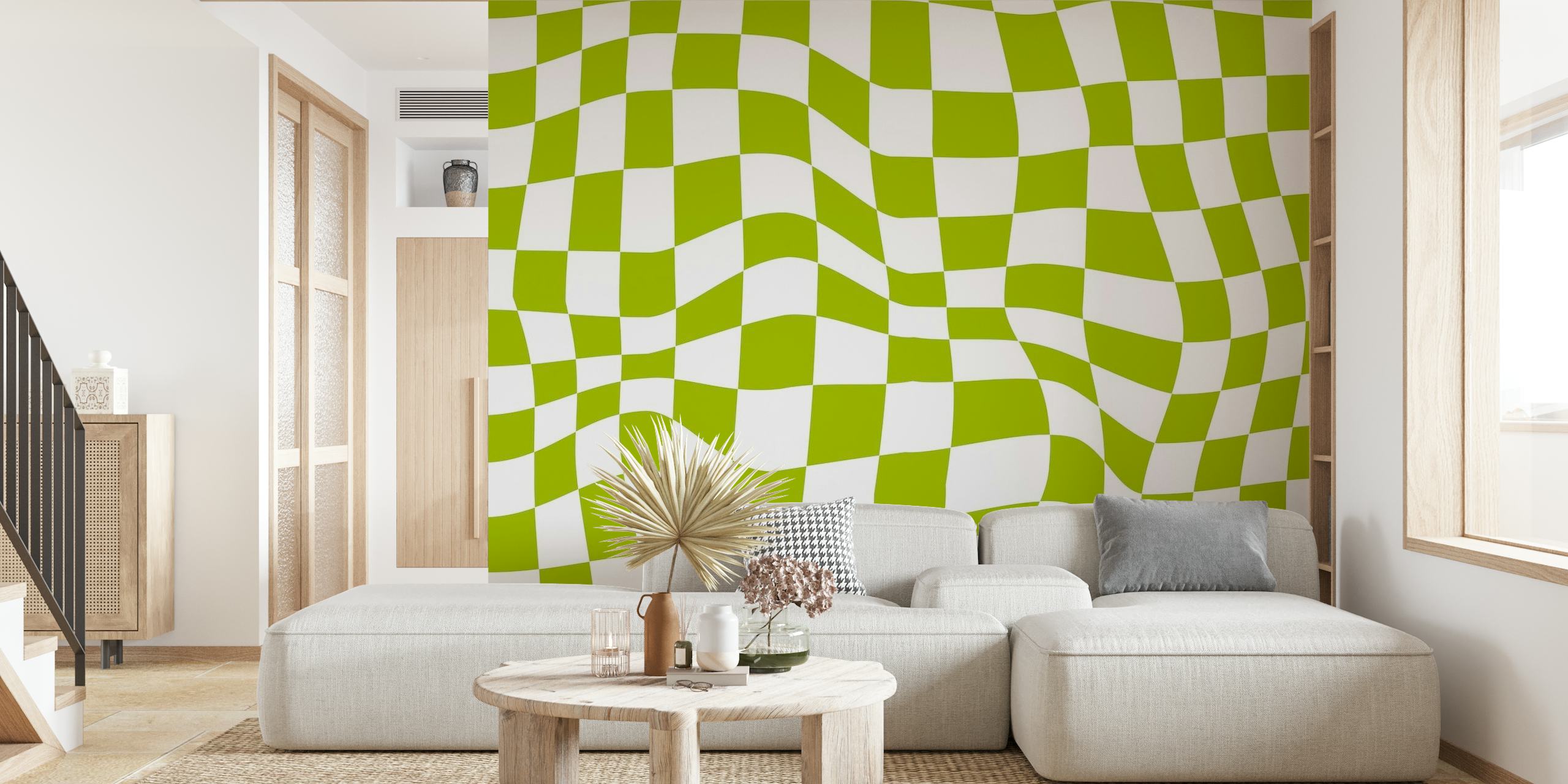 Vintage green and white checkered wallpaper showcasing a vibrant retro 60s pattern