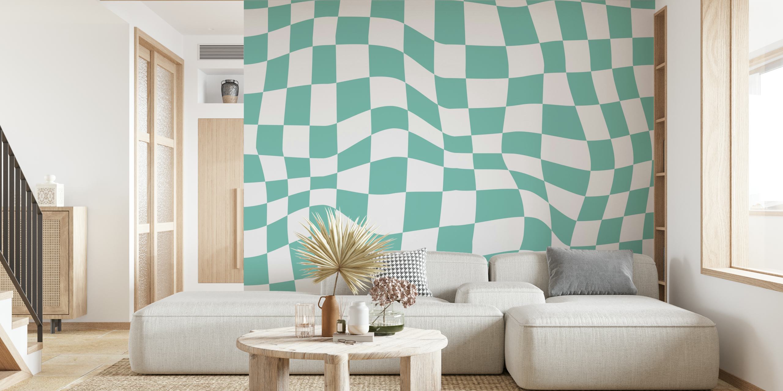 Mural de pared con estampado de cuadros retro en azul y blanco que evoca un ambiente maravilloso de los años 60 y 70