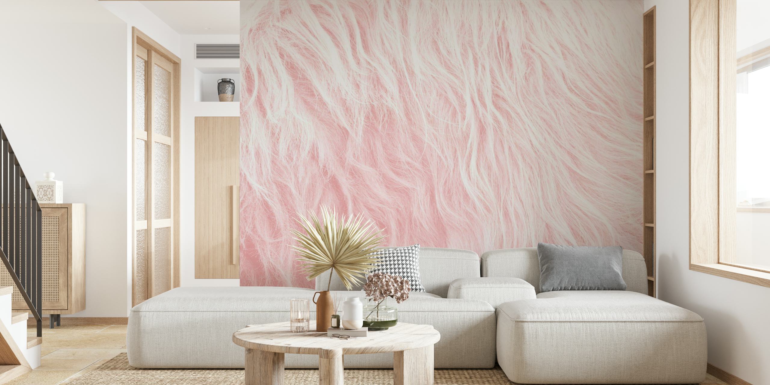 Pink fur wallpaper for bedroom depicting Blush Faux Highland Cow Fur design
