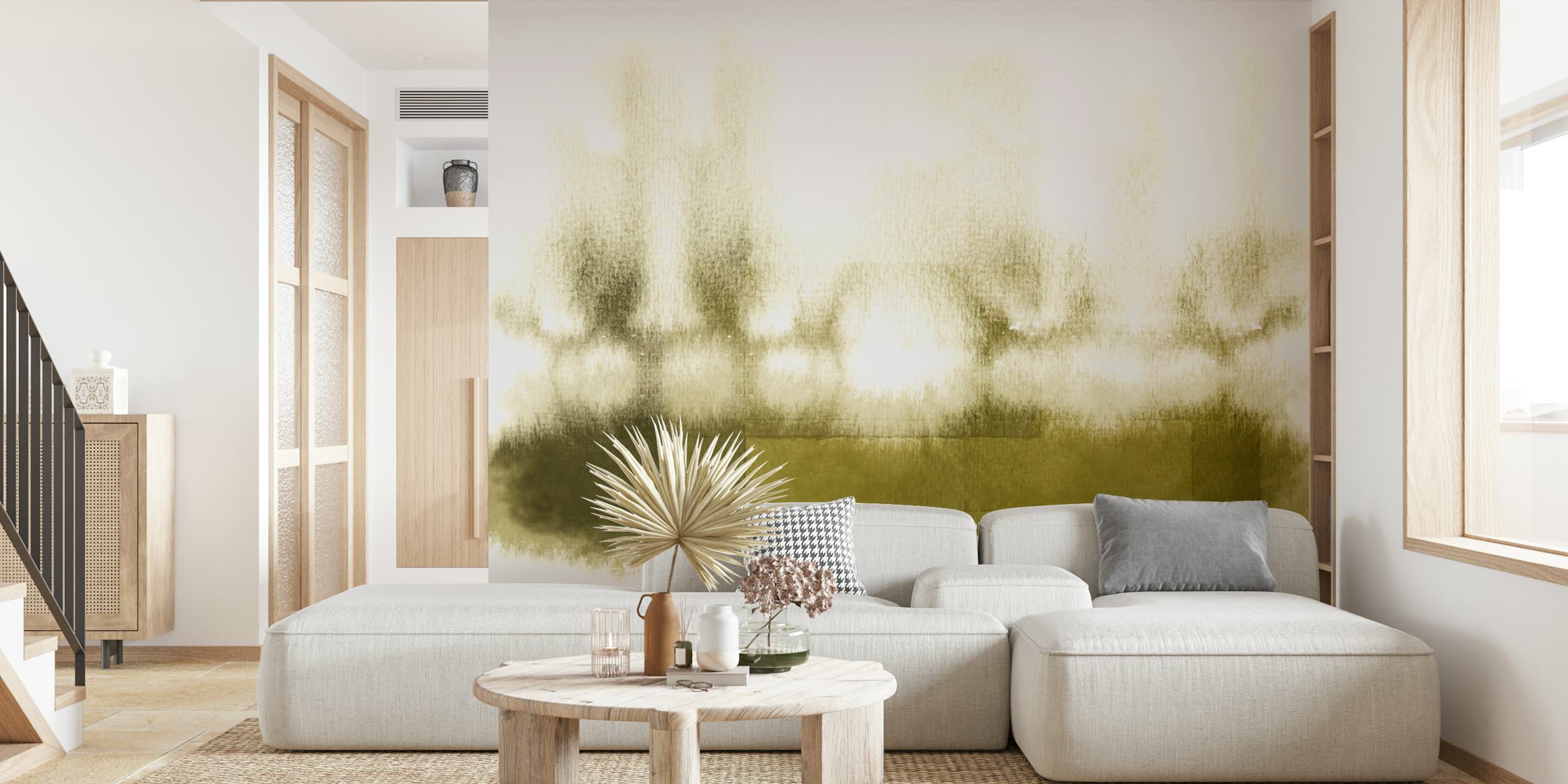 Vihreä vesiväriseinä näyttelyssä huoneessa