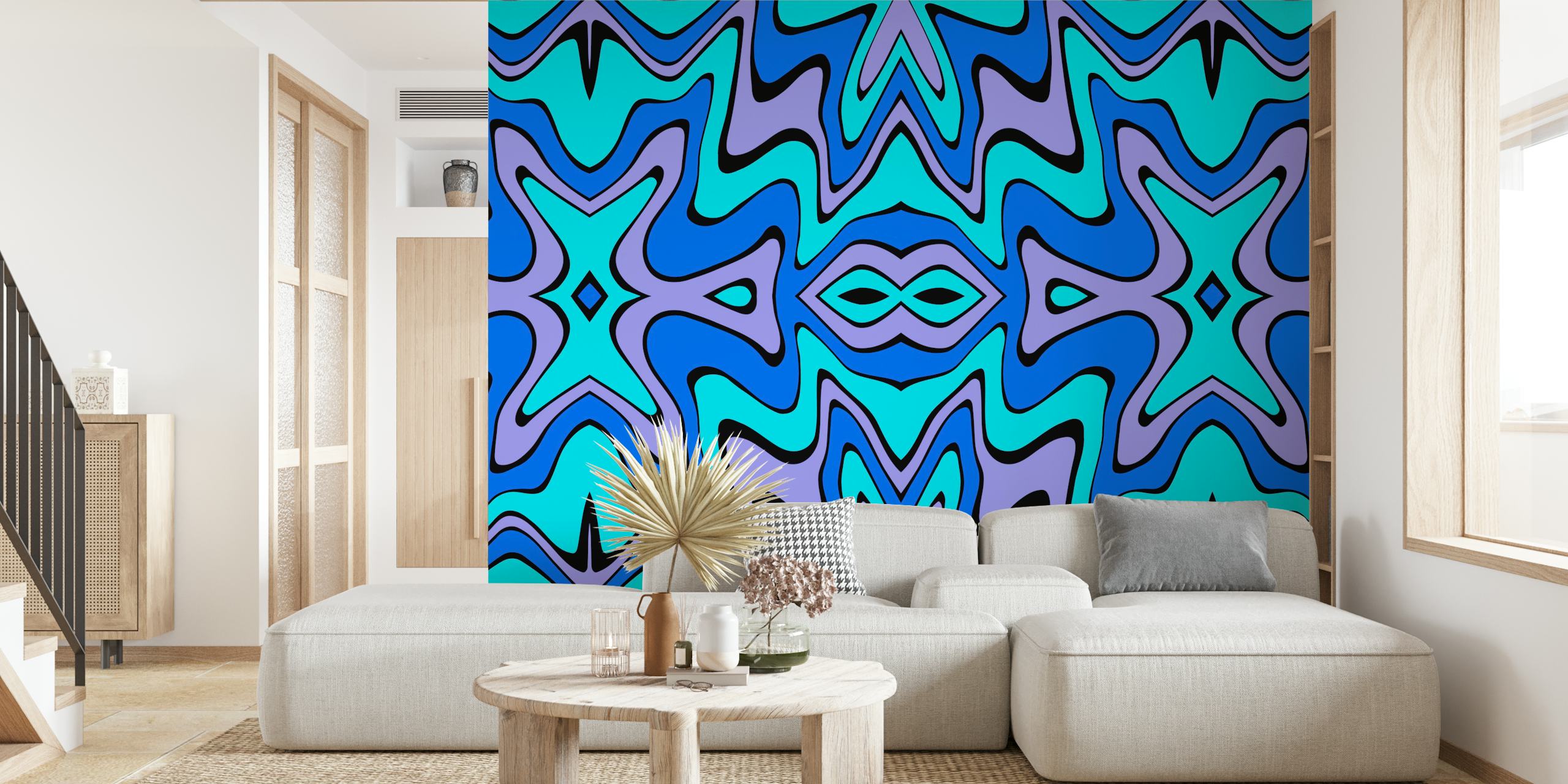 Fotomural vinílico de parede Retro Swirls com padrões descolados azuis e roxos