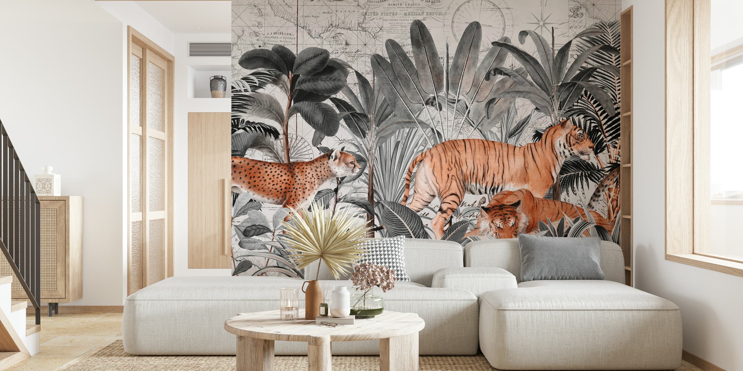 Tigers and a cheetah among tropical leaves in black and white wallpaper