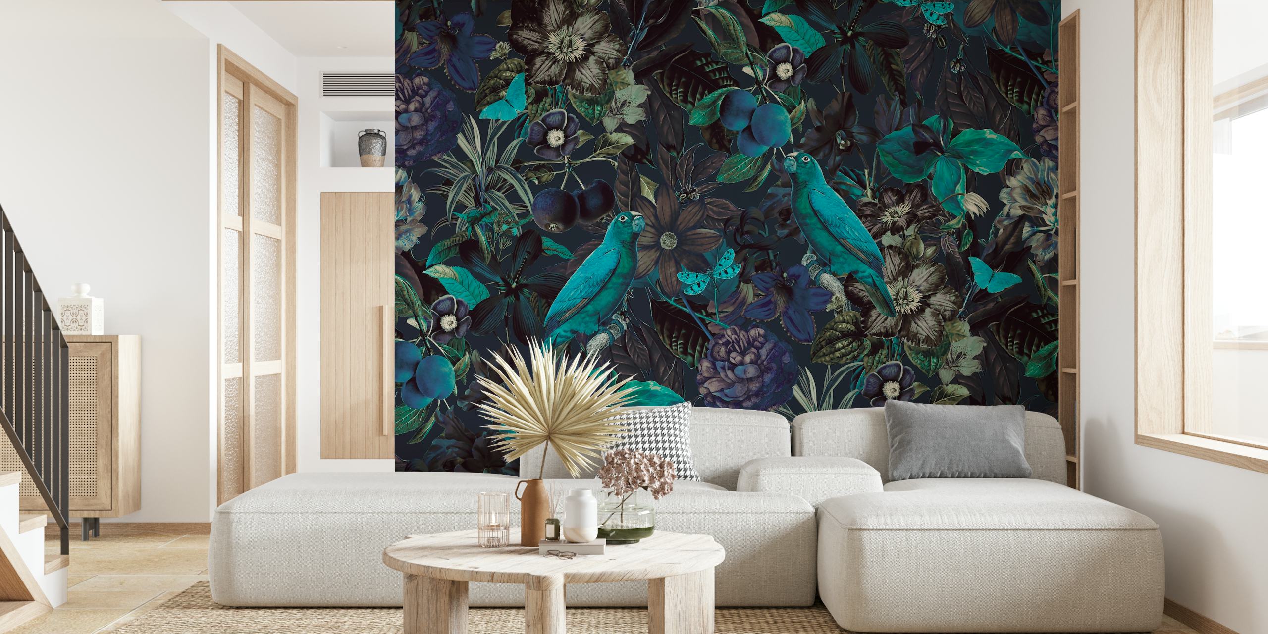 Tropical floral pattern with teal birds and dark flowers wallpaper