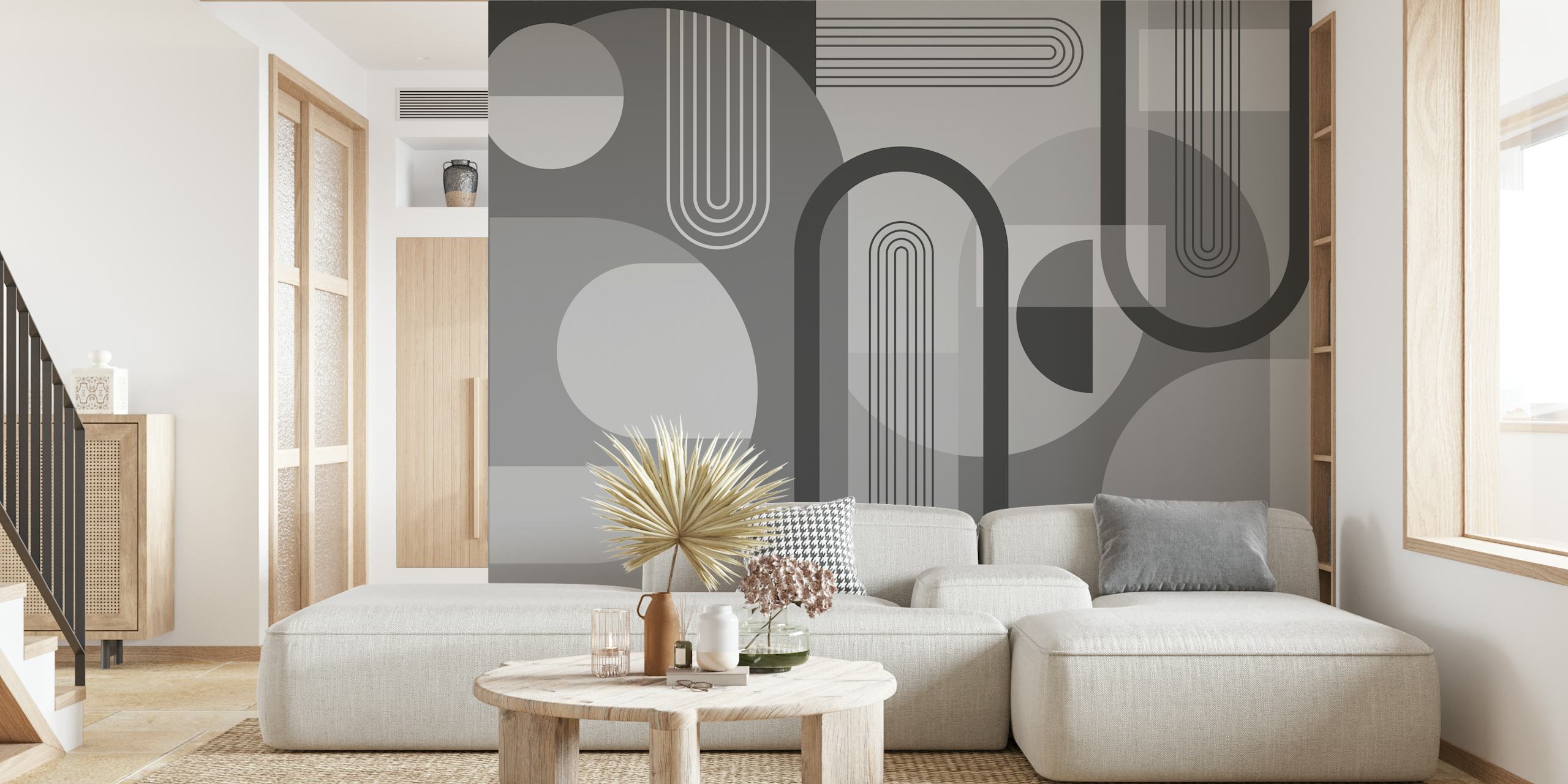 Mural de parede com arcos abstratos em tons de cinza para decoração contemporânea