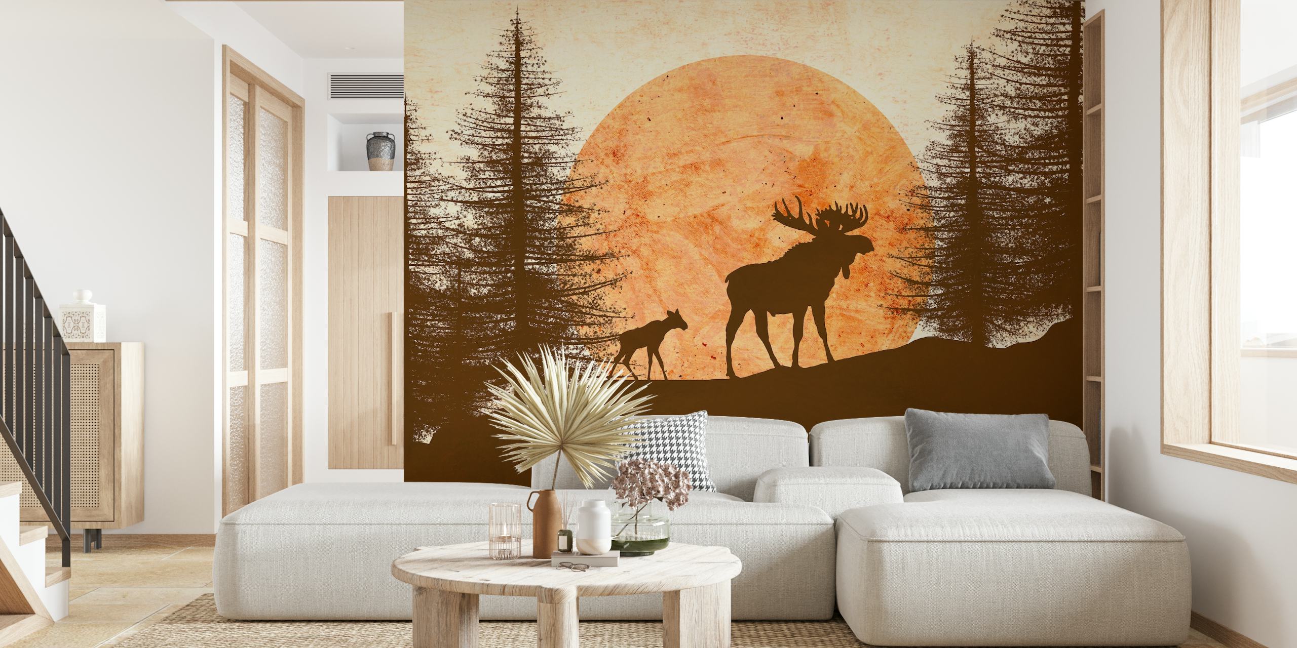 Moose and cub silhouette against a large orange sun wallpaper