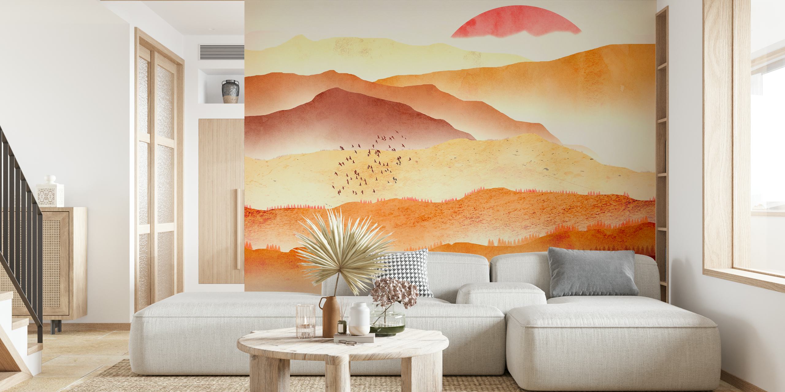 Desert mountains silhouette with sunset hues of red and beige wallpaper