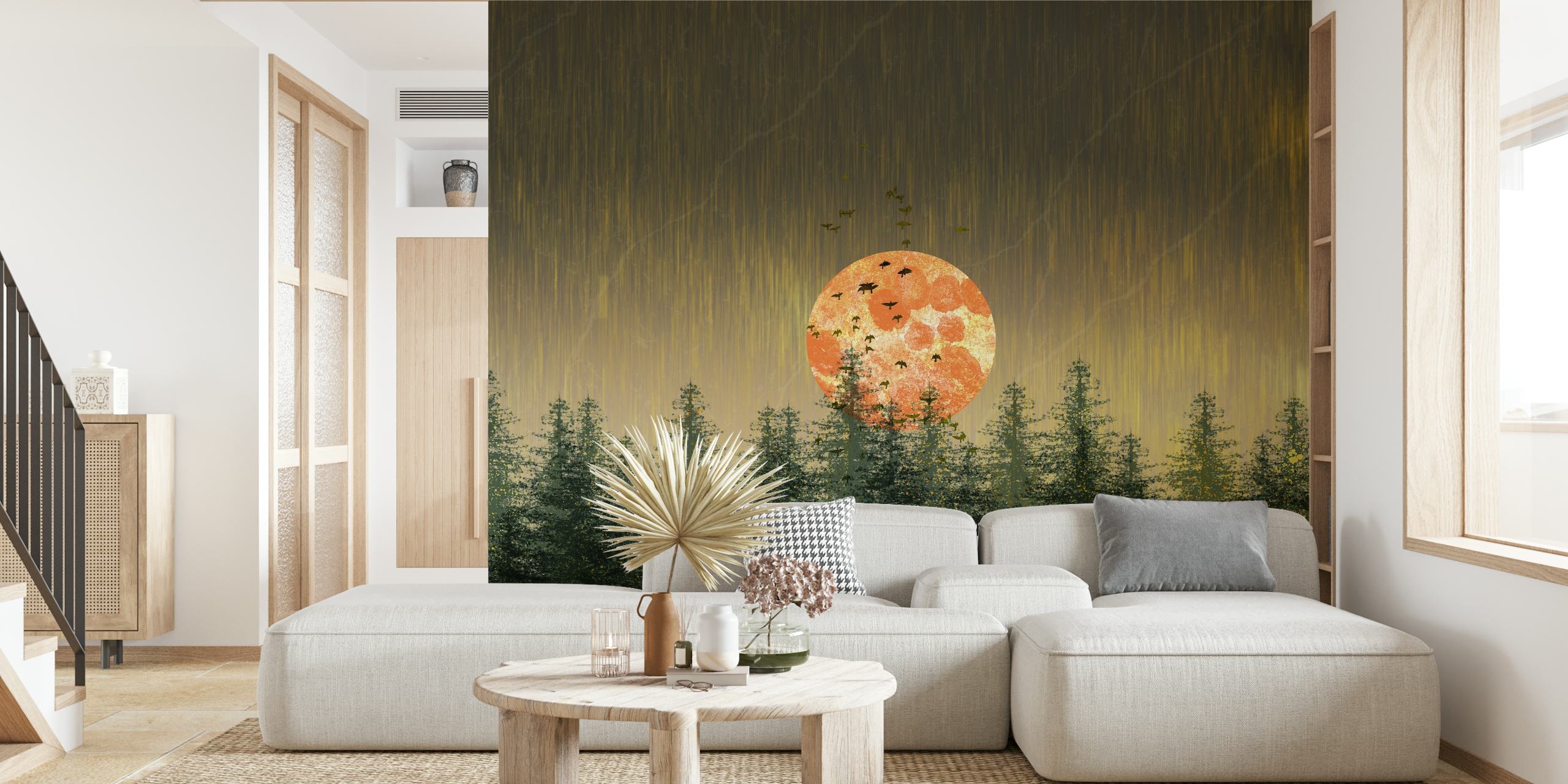 Wall mural of a moonlit night with birds and pine trees silhouette