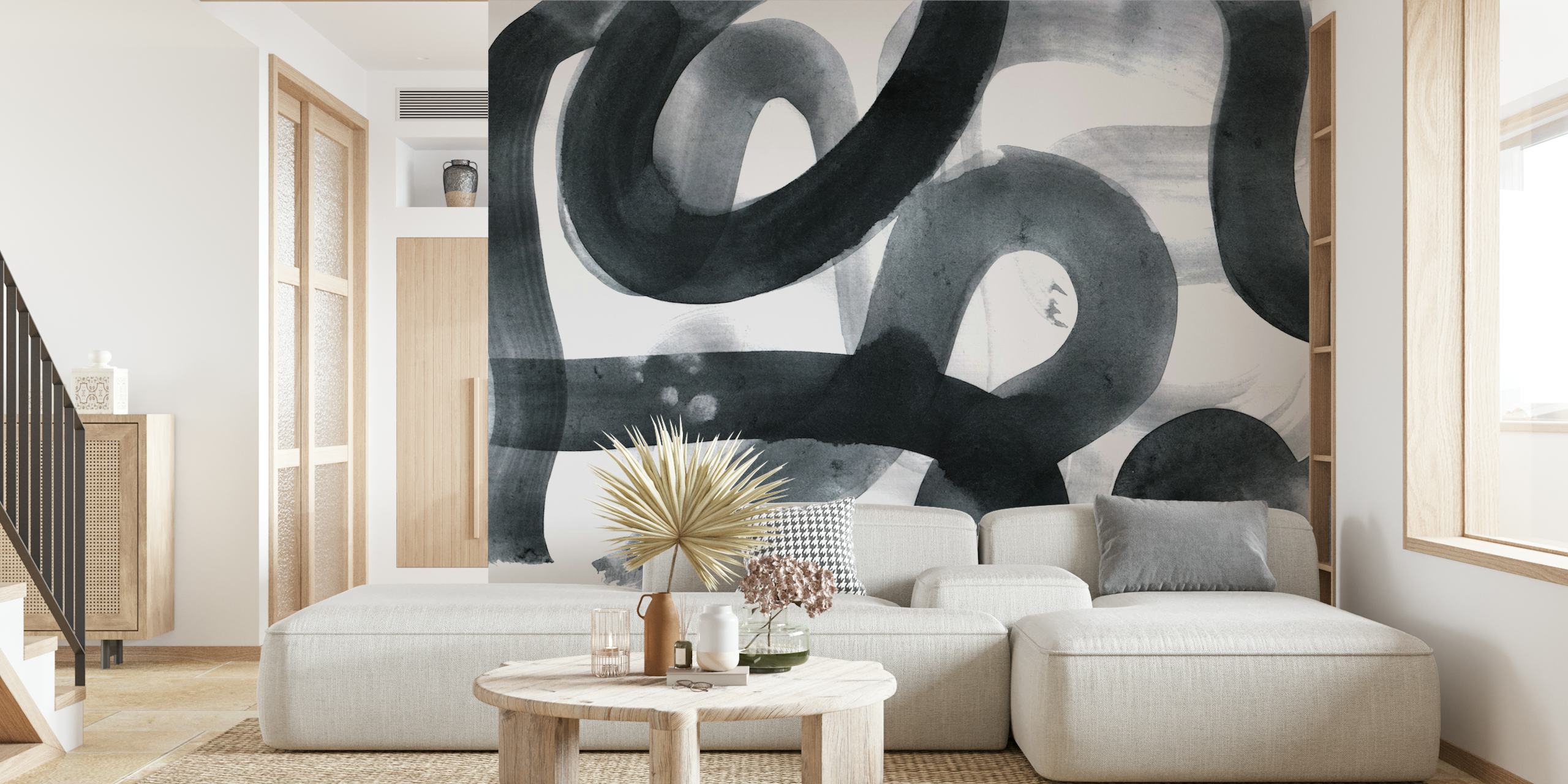 Abstract black ink brushstroke patterns on a white background wallpaper