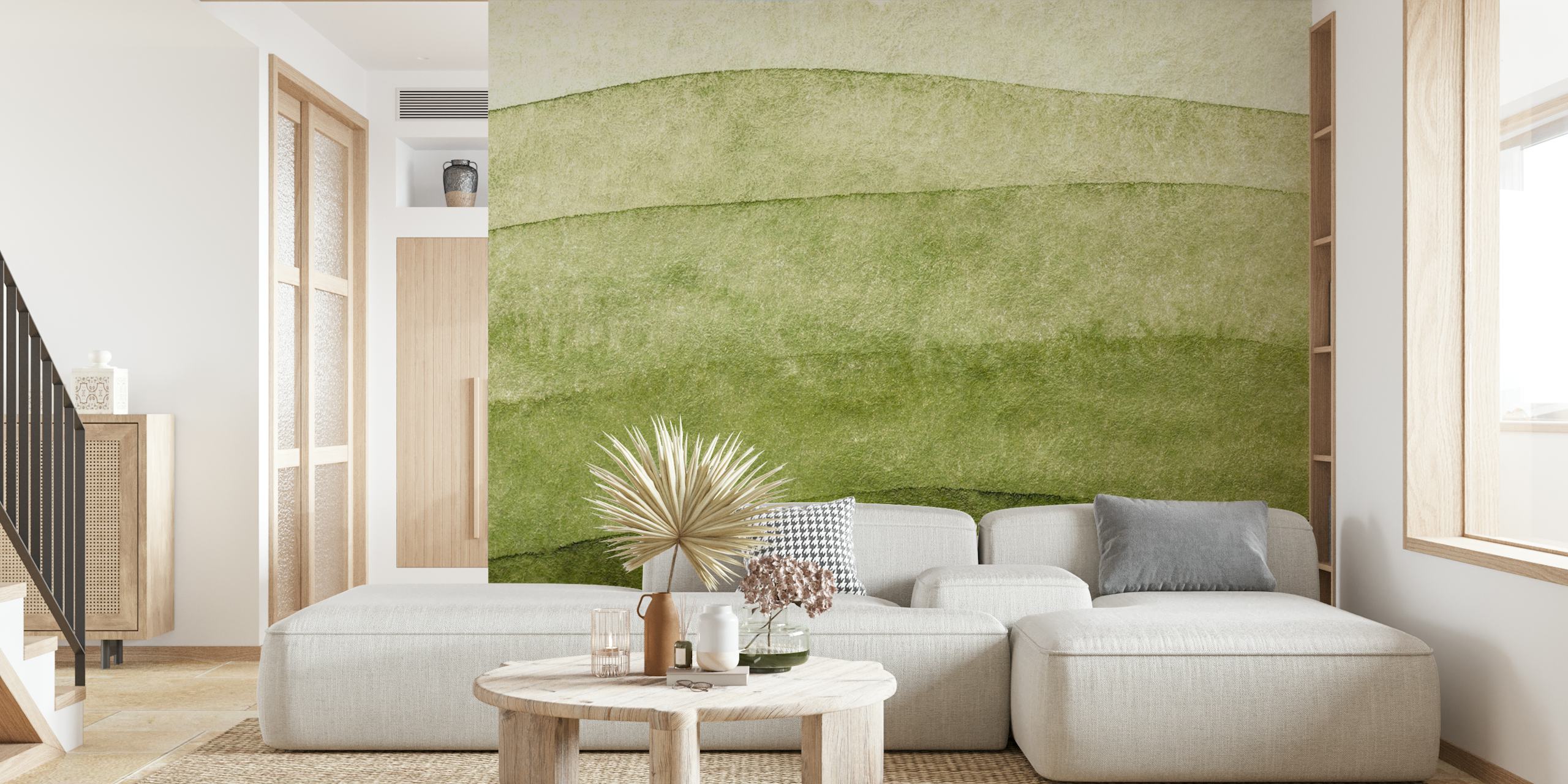 Olive green watercolor landscape wallpaper with soft gradient