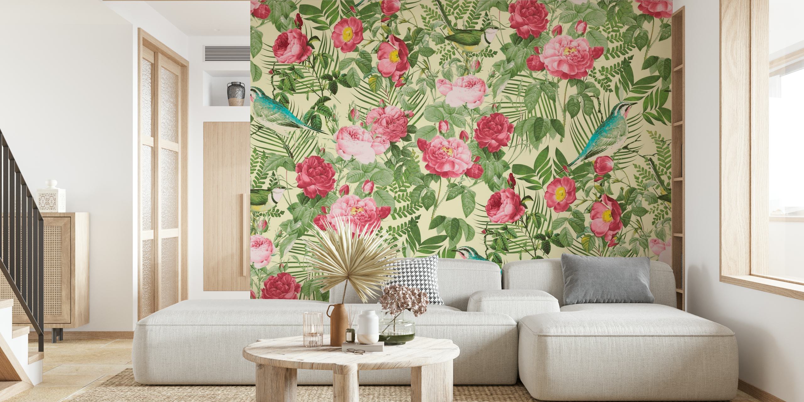 Vintage Redoute Roses Wall Mural with blooming pink and yellow roses and lush greenery on a pastel background