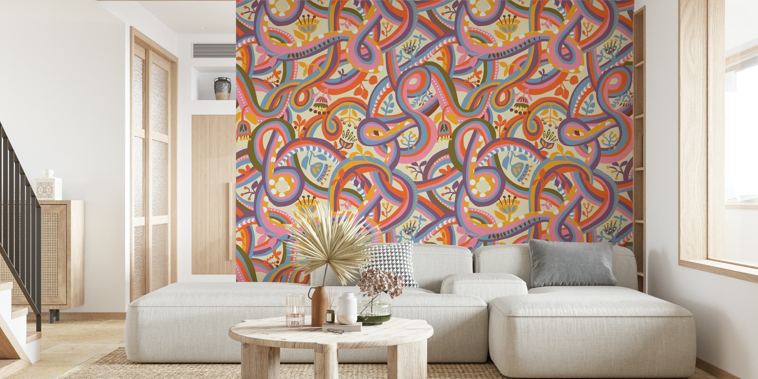 Psykedeelinen köynnöskuvioinen seinämaalaus, jossa kietoutuvat viiniköynnökset lämpimissä sävyissä