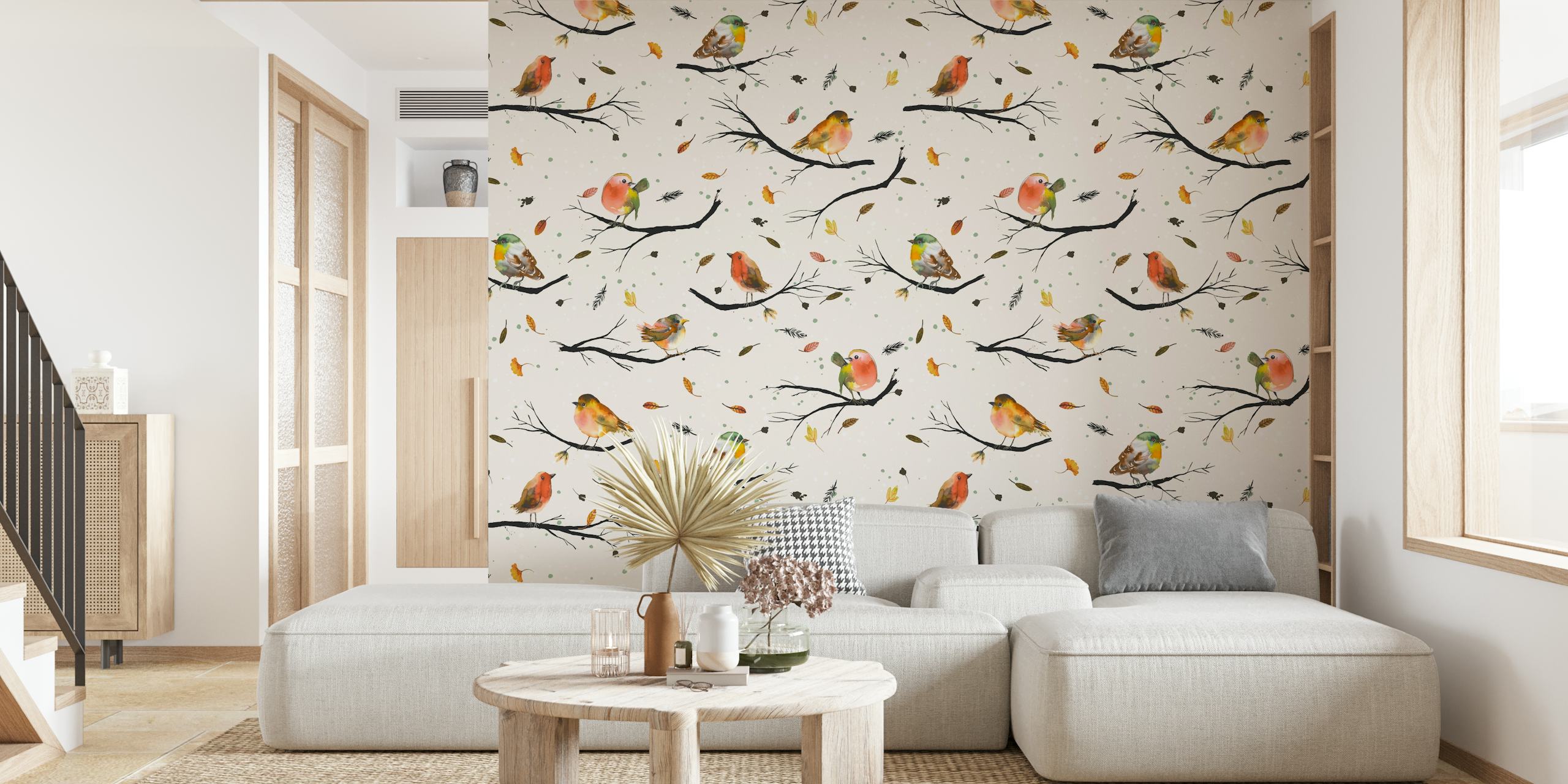 Colorful birds perched on branches with falling leaves wallpaper