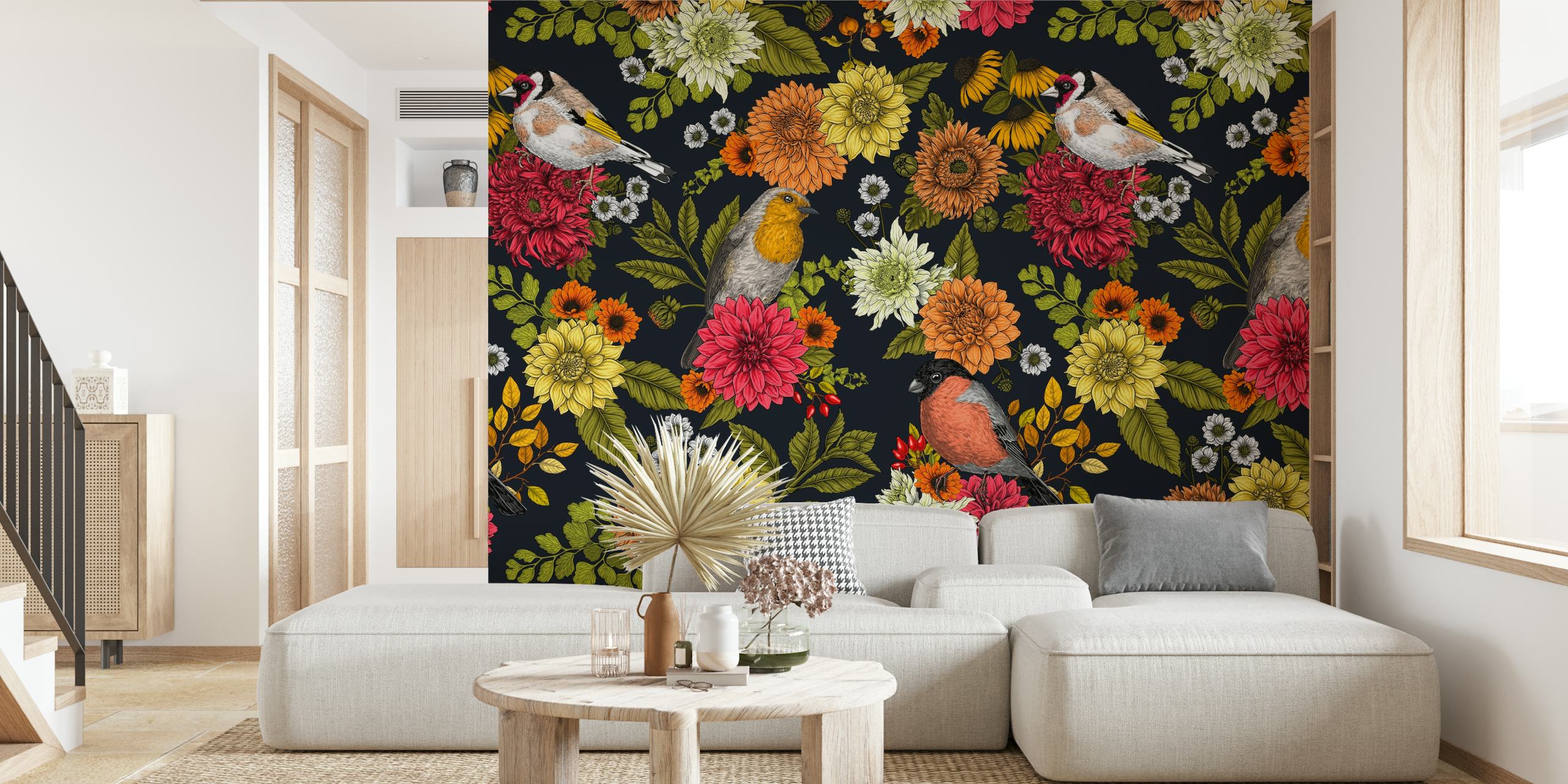 Design de papel de parede colorido com Garden birds and flowers