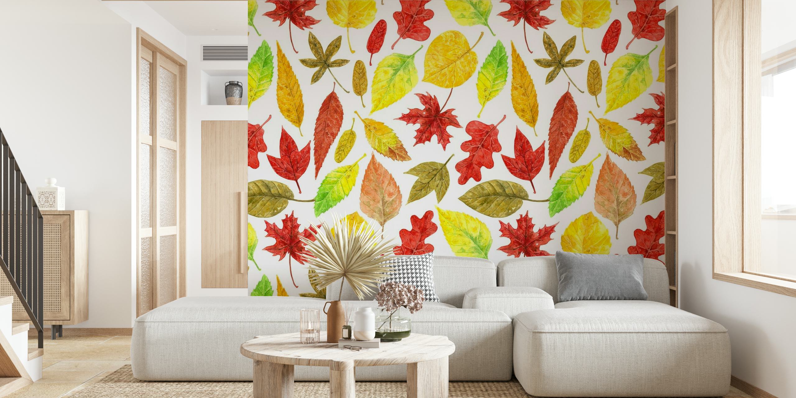 Akvarel efterårsblade i røde, orange og gule nuancer på et hvidt vægmaleri
