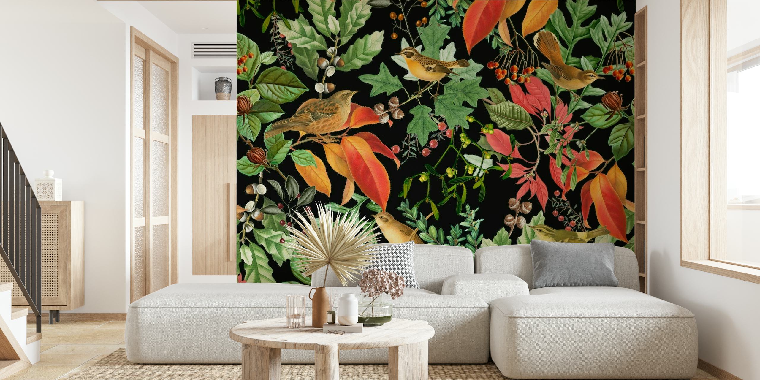 Trooppiset linnut ja tiheä viidakon kasvisto yötaivaan seinämaalauksen alla
