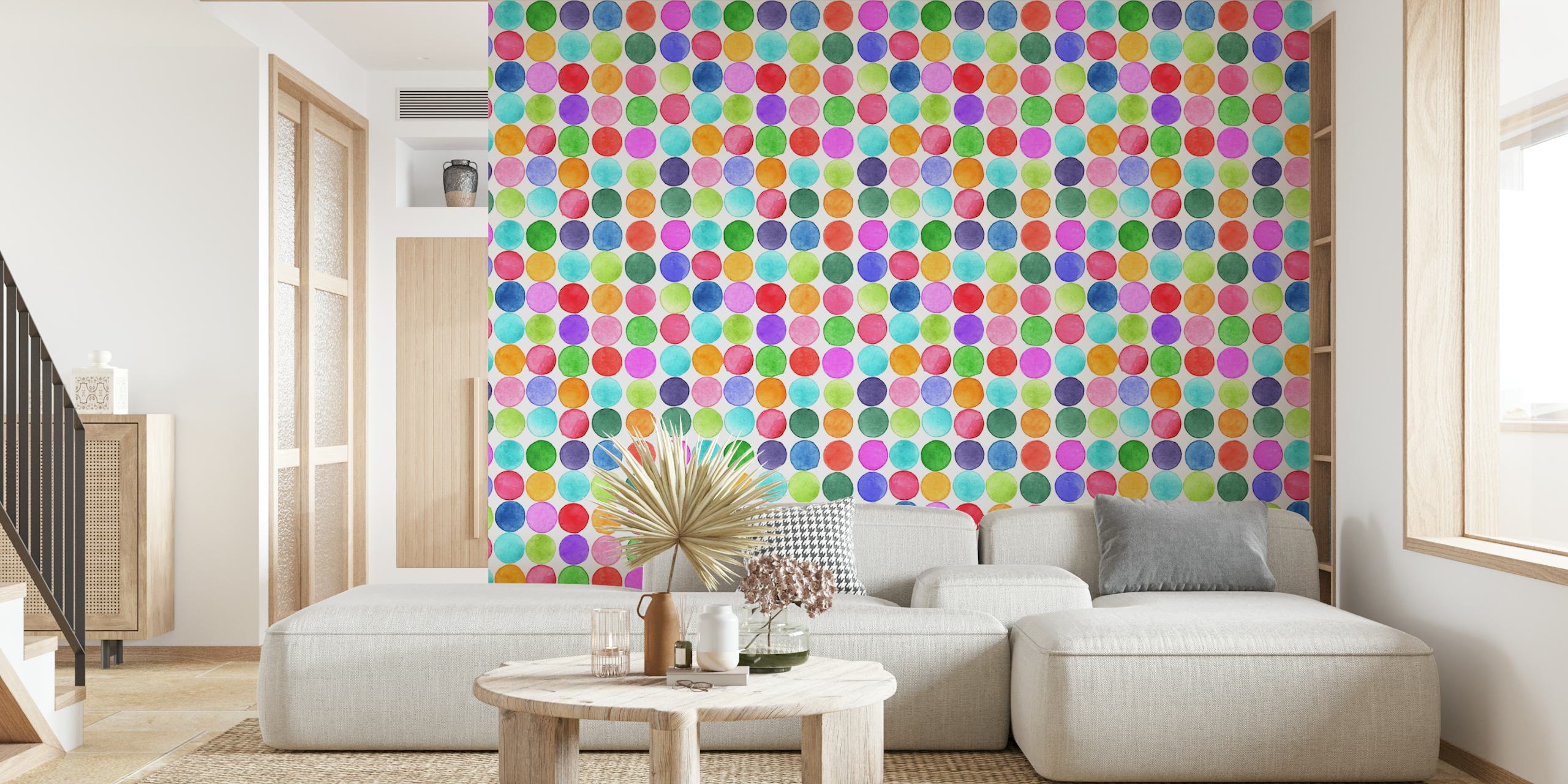 Colorful watercolor dots in various shades on a white background wallpaper