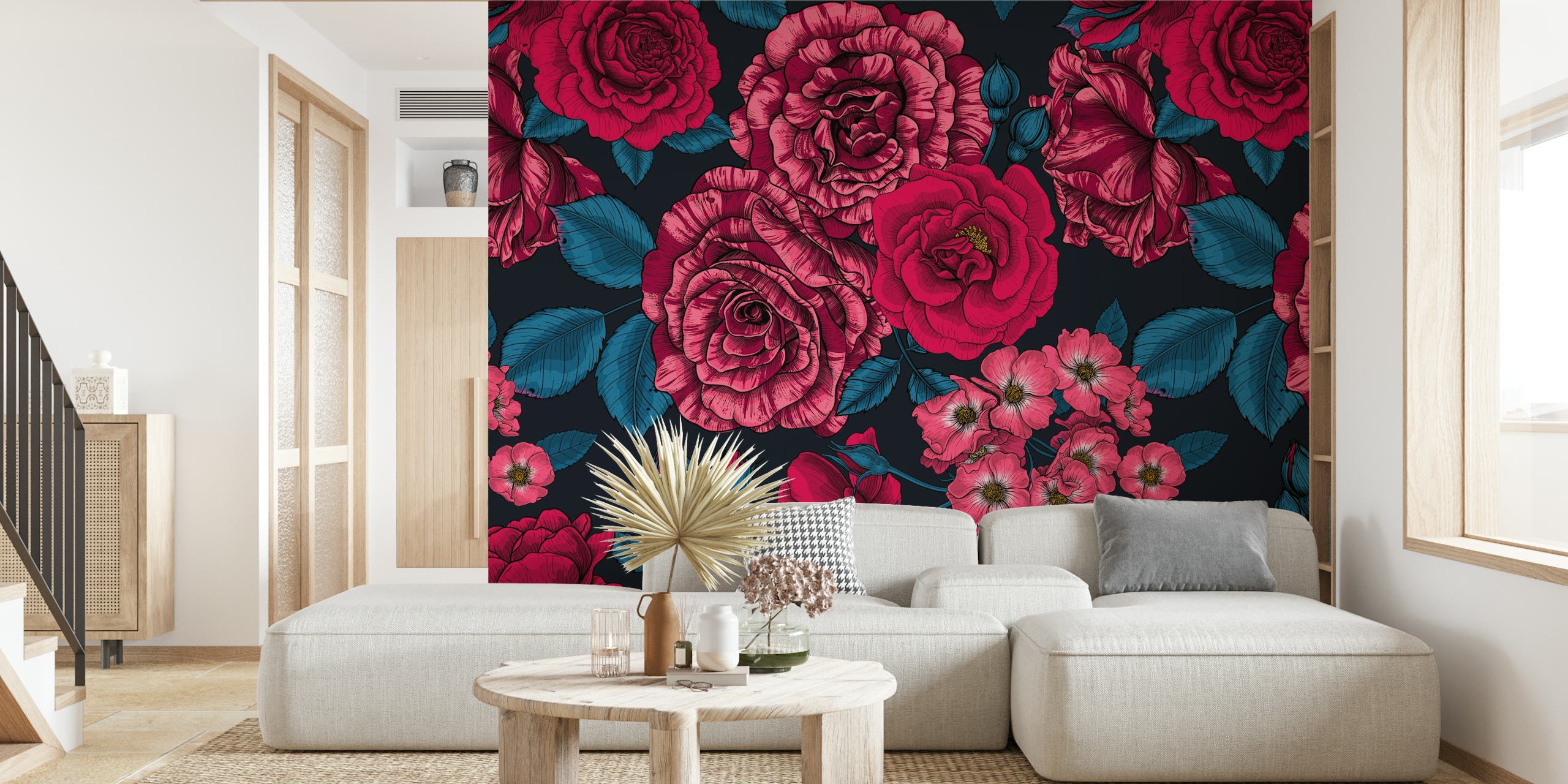 Roses mix 3 τοίχου γκράφιτι με κόκκινα και ροζ λουλούδια σε σκοτεινό φόντο