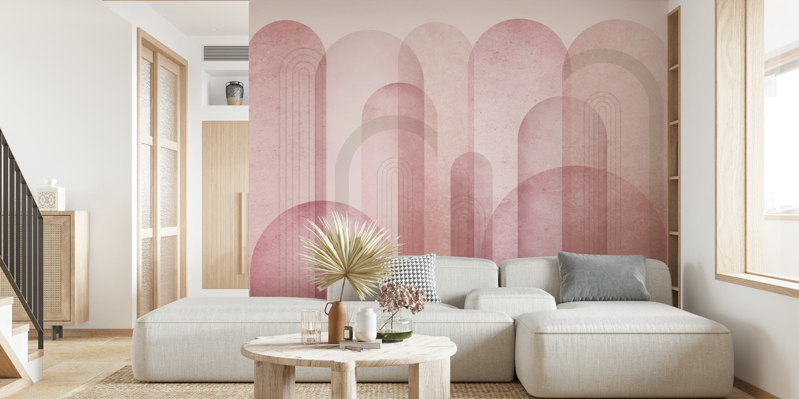 Pink Mid Century Arches wallpaper displayed in a room