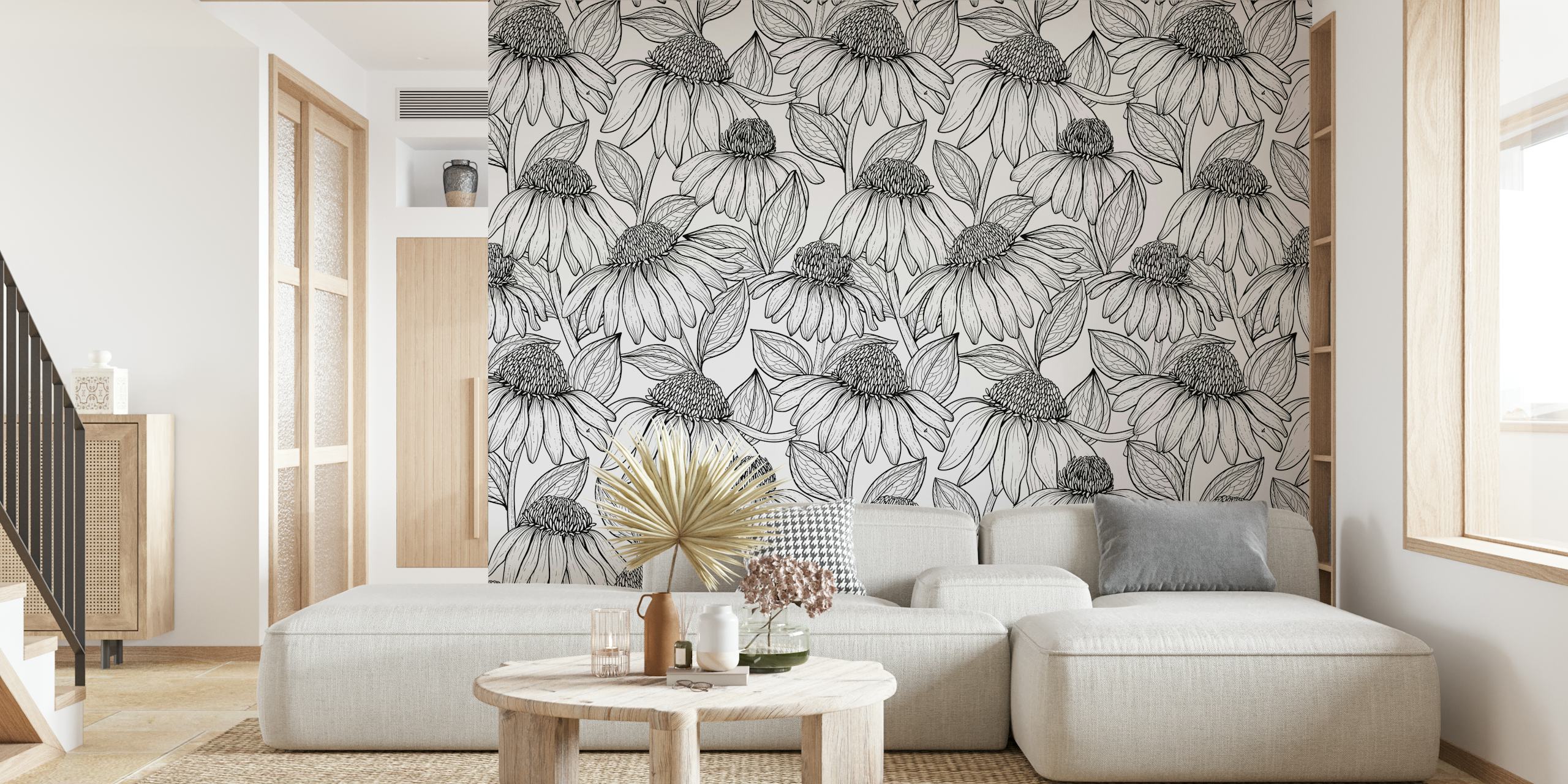 Coneflowers u crno-bijelom tapetu u sobi