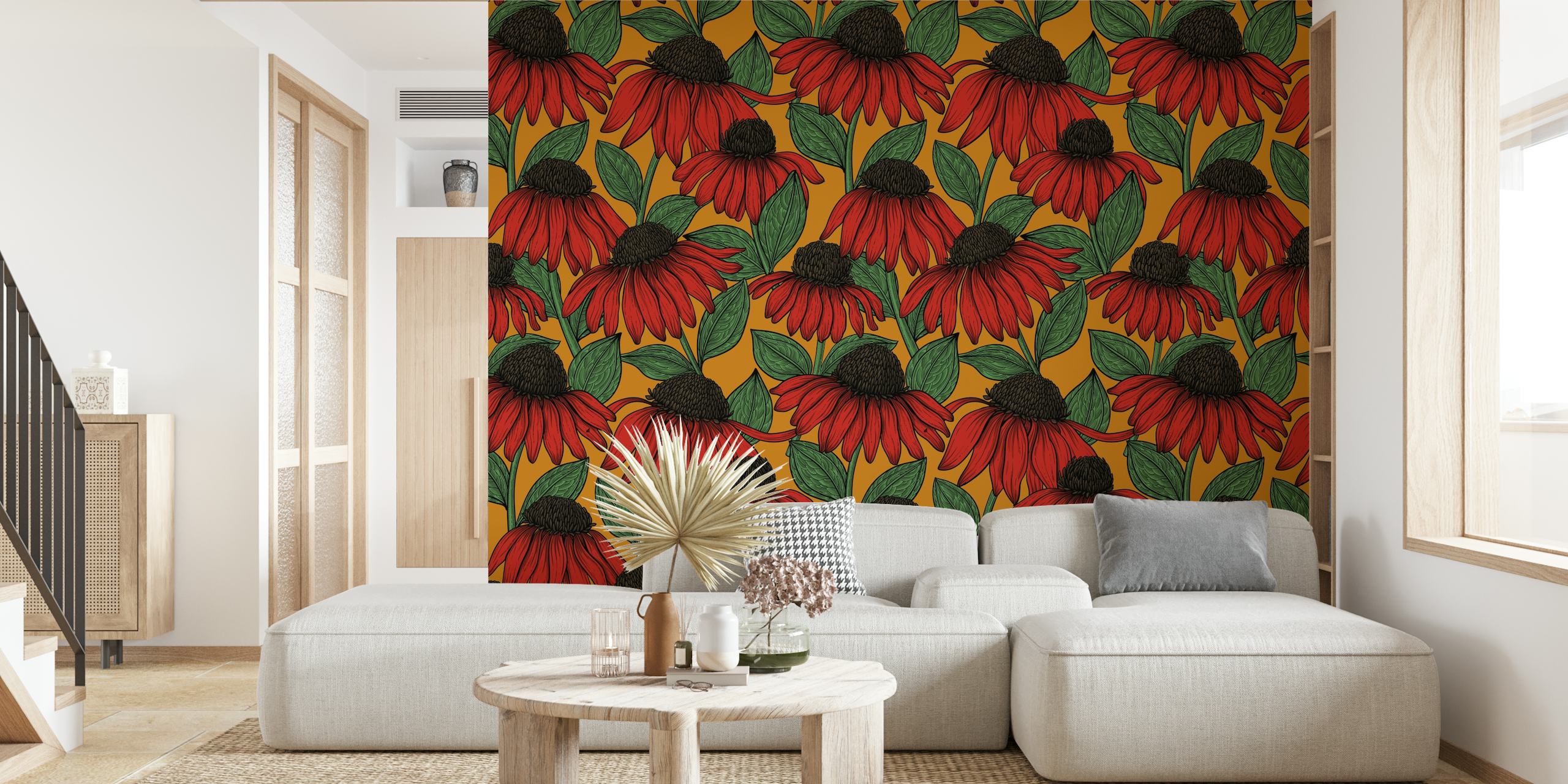 Red coneflowers with green leaves on yellow backdrop wallpaper