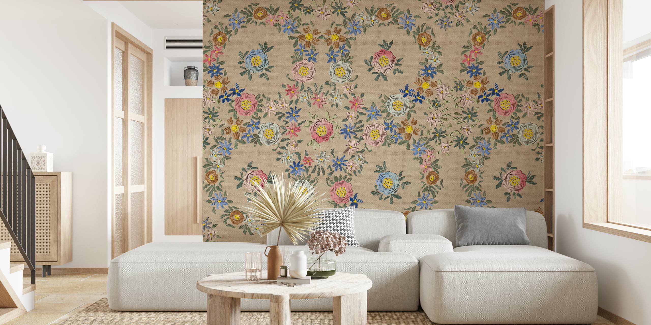 A wall mural featuring modern embroidered floral patterns on a subtle background