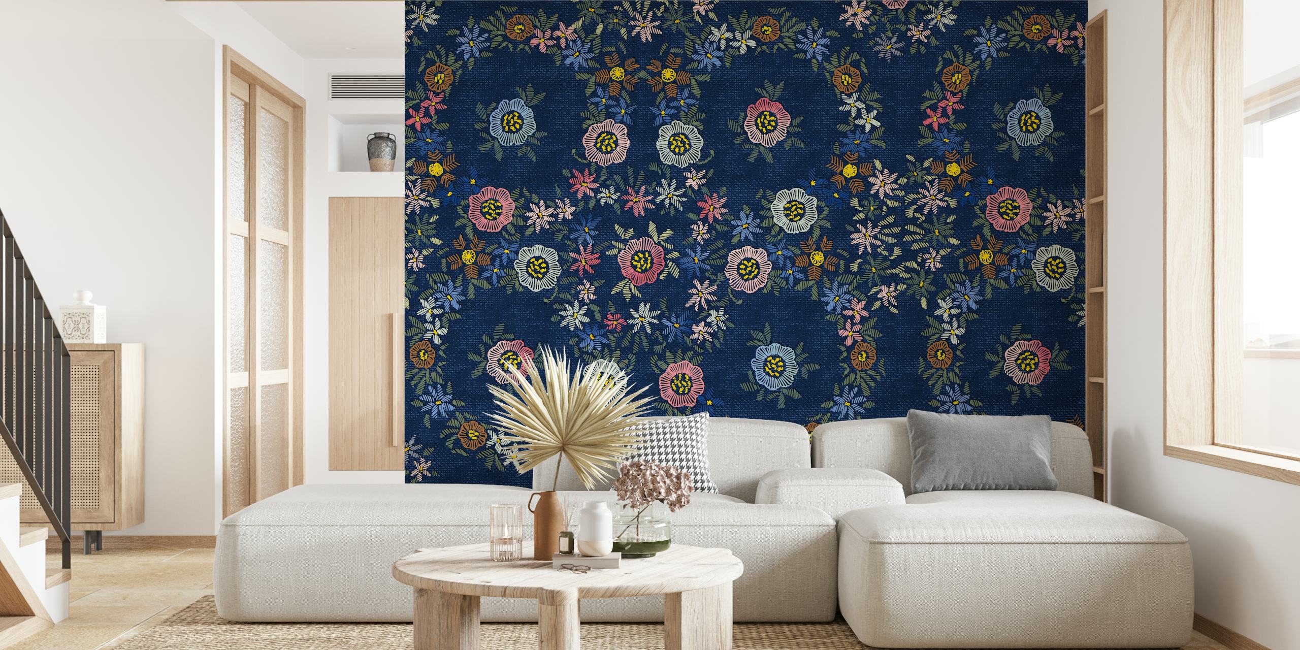 Ζωντανή κεντητική λουλουδιών σε Embroidered flowers dark blue wallpaper από το Happywall