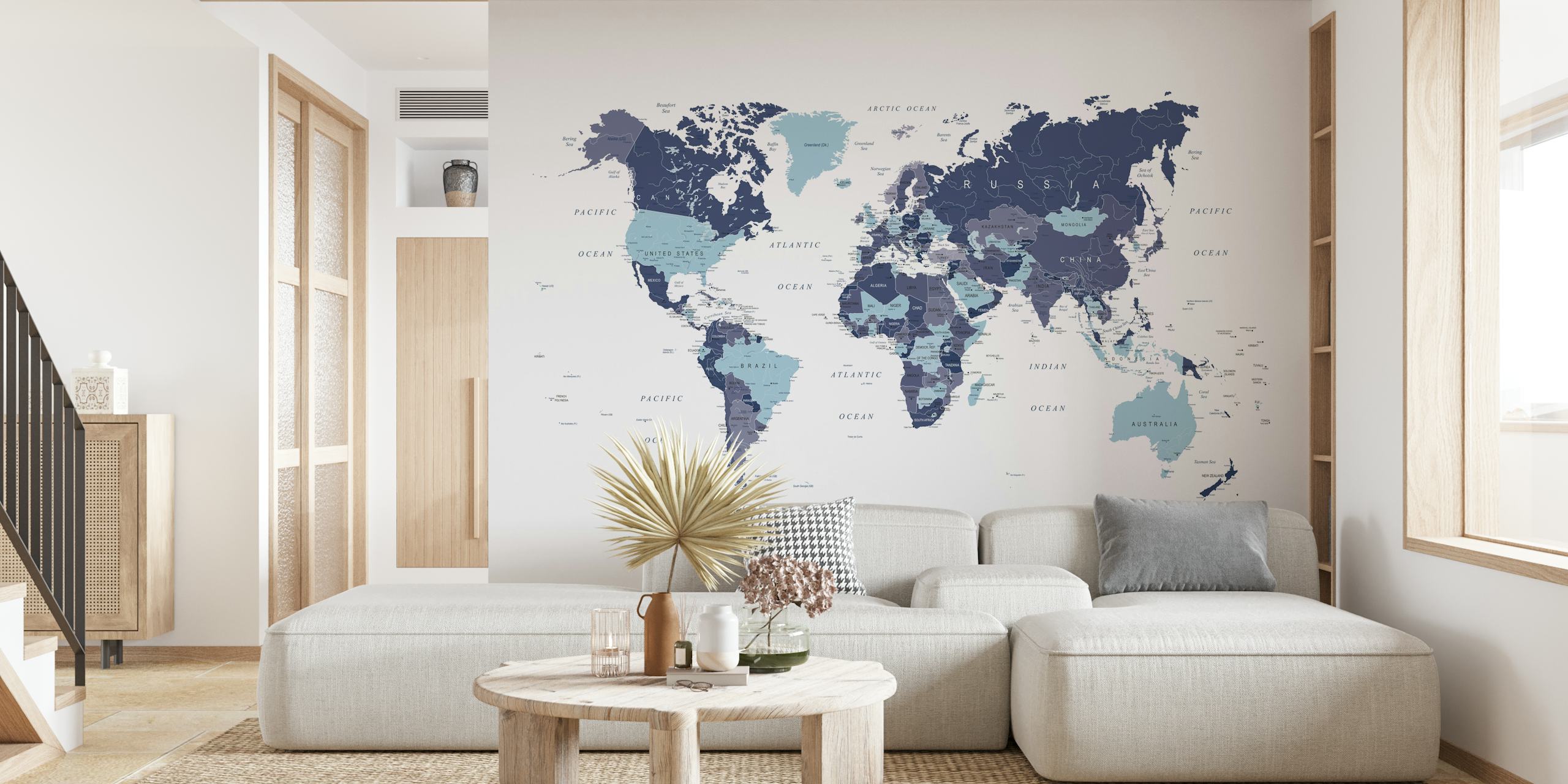 World map in blue and white colors with detail